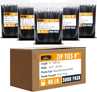 ALBO Zip Ties Black 8 Inch 5000 Pack 40 lb, Long Plastic Cable Ties Thick 0.14 Inch Tie Wraps Heavy Duty UV Resistant Nylon Wire Ties for Indoor and Outdoor