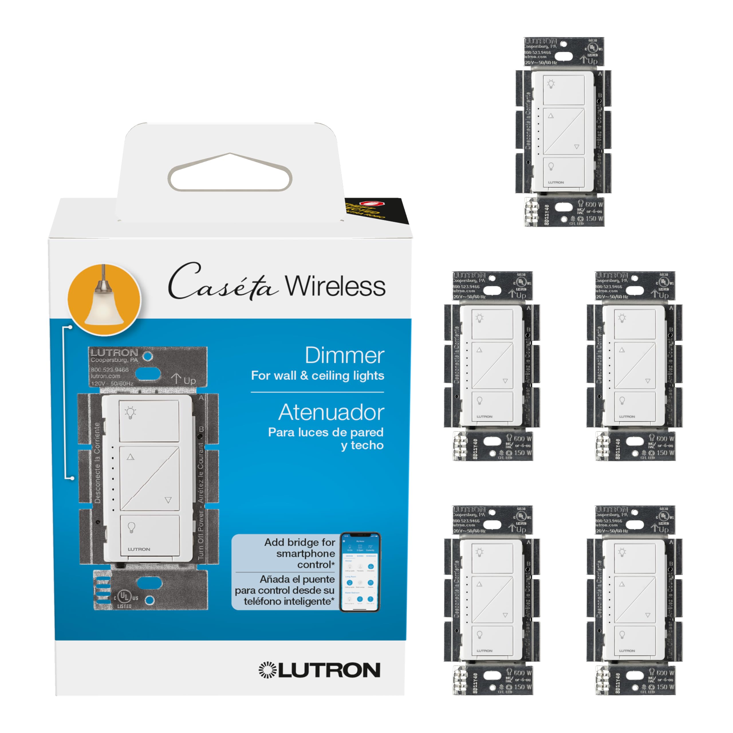 Lutron Caseta Original Smart Dimmer Switch (Lutron Smart Hub Required), for LED Lights, 150 Watt, Single-Pole/3-Way, No Neutral Required, PD-6WCL-WH, White, 5 Pack White 5 Pack Smart Dimmer