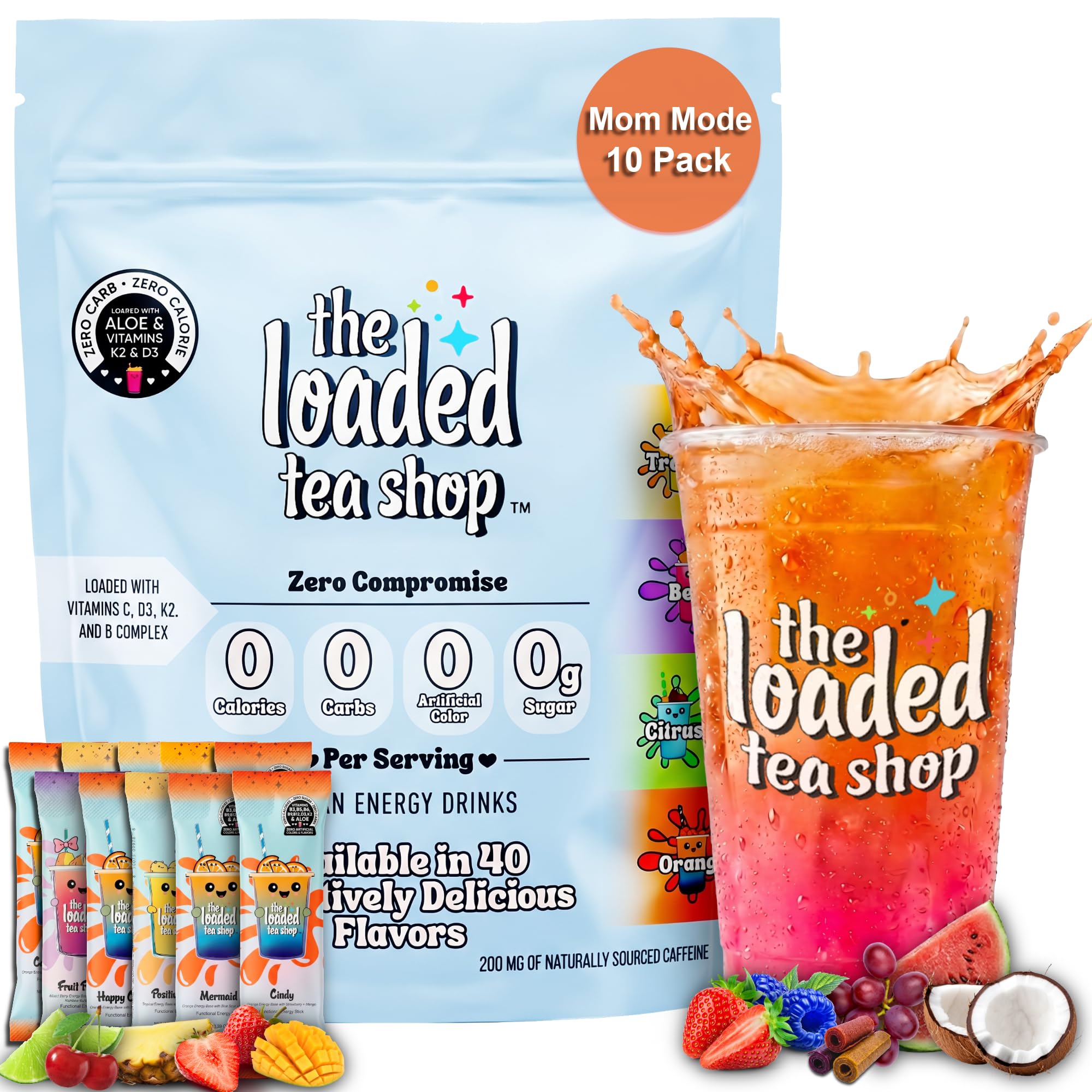 The Loaded Tea Shop Energy Drink Mix Sticks, Mom Mode Collection 10 Pack, Sugar-Free, Zero Calories, 200mg Natural Caffeine, No Artificial Colors/