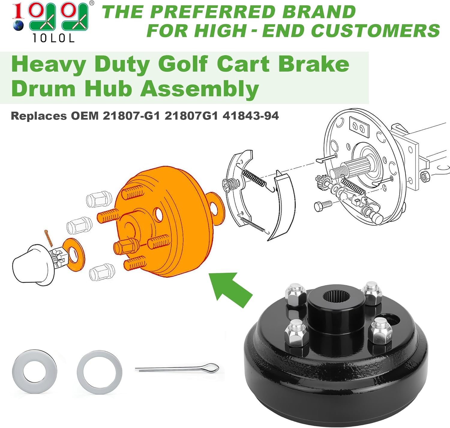 10L0L Golf Cart Rear Brake Drum Hub Assembly for EZGO TXT 1991-Up Gas & Electric Models, Replacement for OEM 21807-G1 21807G1 Columbia 41843-94, Durable EZGO Golf Cart Parts