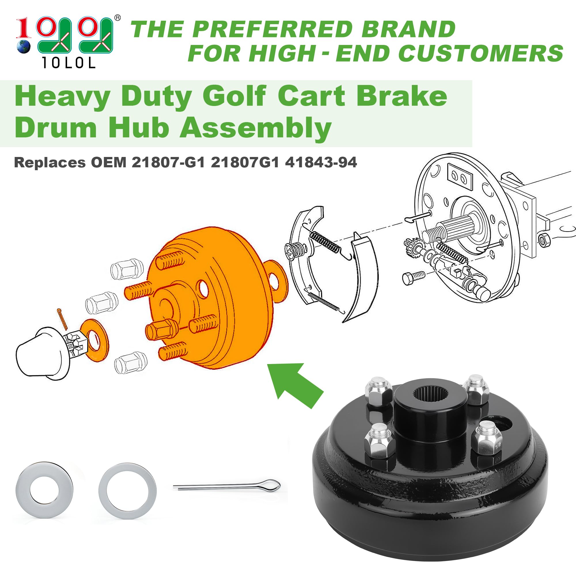 10L0L Golf Cart Brake Drum Hub Assembly for EZGO 1991-up with 4 Cycle Gas Engines, Replace OEM 21807-G1 21807G1 41843-94