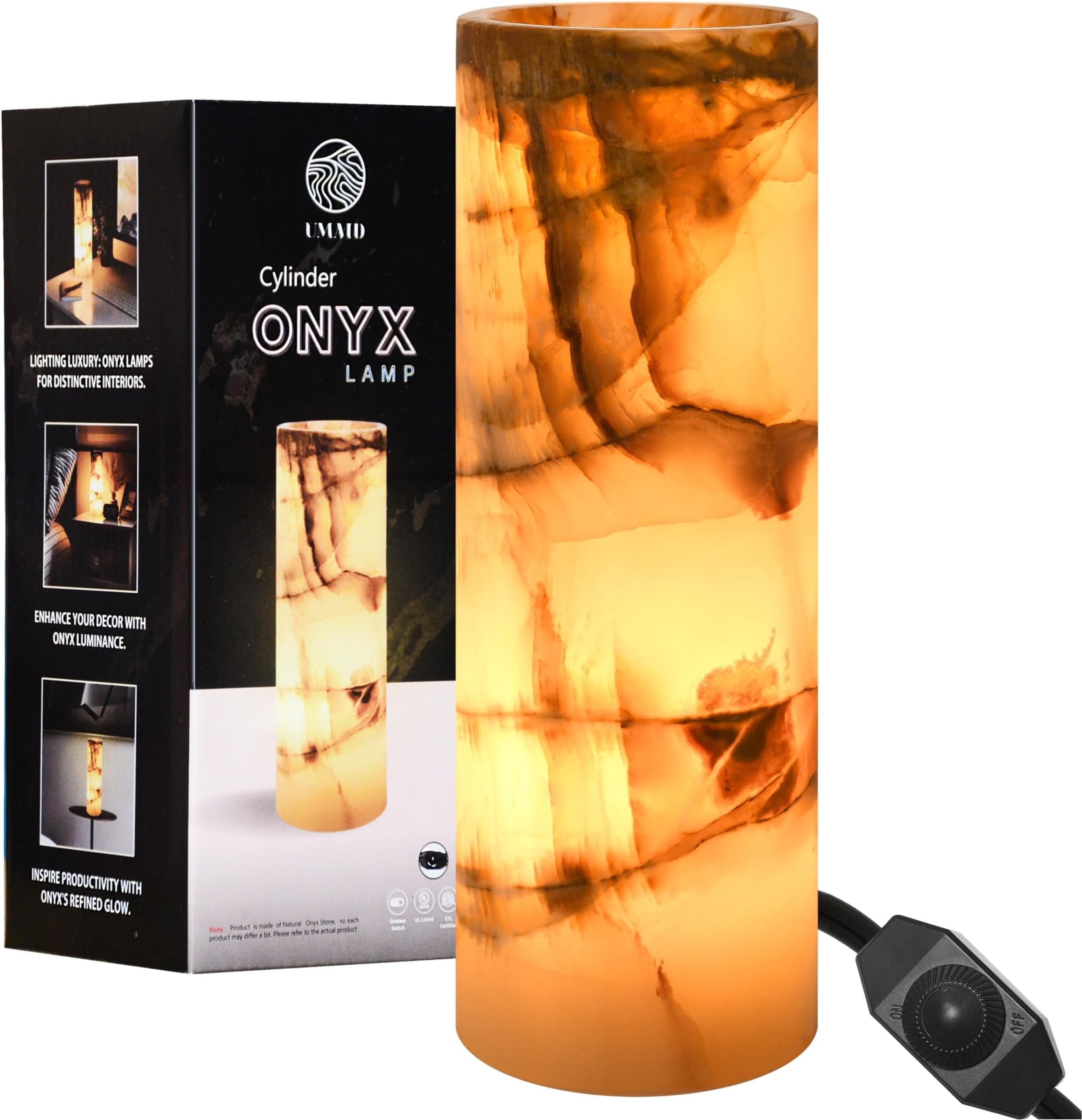 UMAID Elegant Handcrafted Onyx Marble Table Lamp, Warm Amber Glow, Relaxing Table Lamp for Office, Bedroom, Living Room, and Bedside, Includes Bulb & Dimmable Cord, Unique Home Decor Gifts (Cylinder)