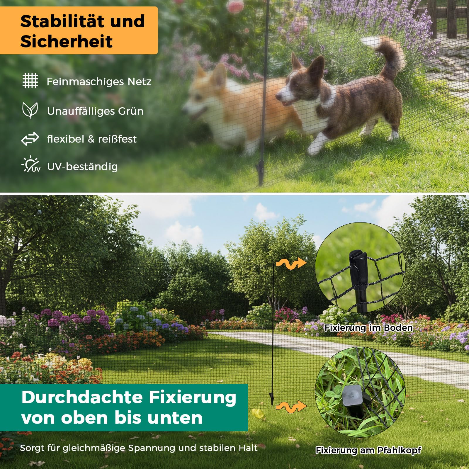 Signstek Mobiler Begrenzungszaun 90 cm hoch – 15 m Steckzaun mit 9 Pfählen, ohne Strom, engmaschig, schwarz | Hundezaun, Hühnerzaun, Gartenzaun