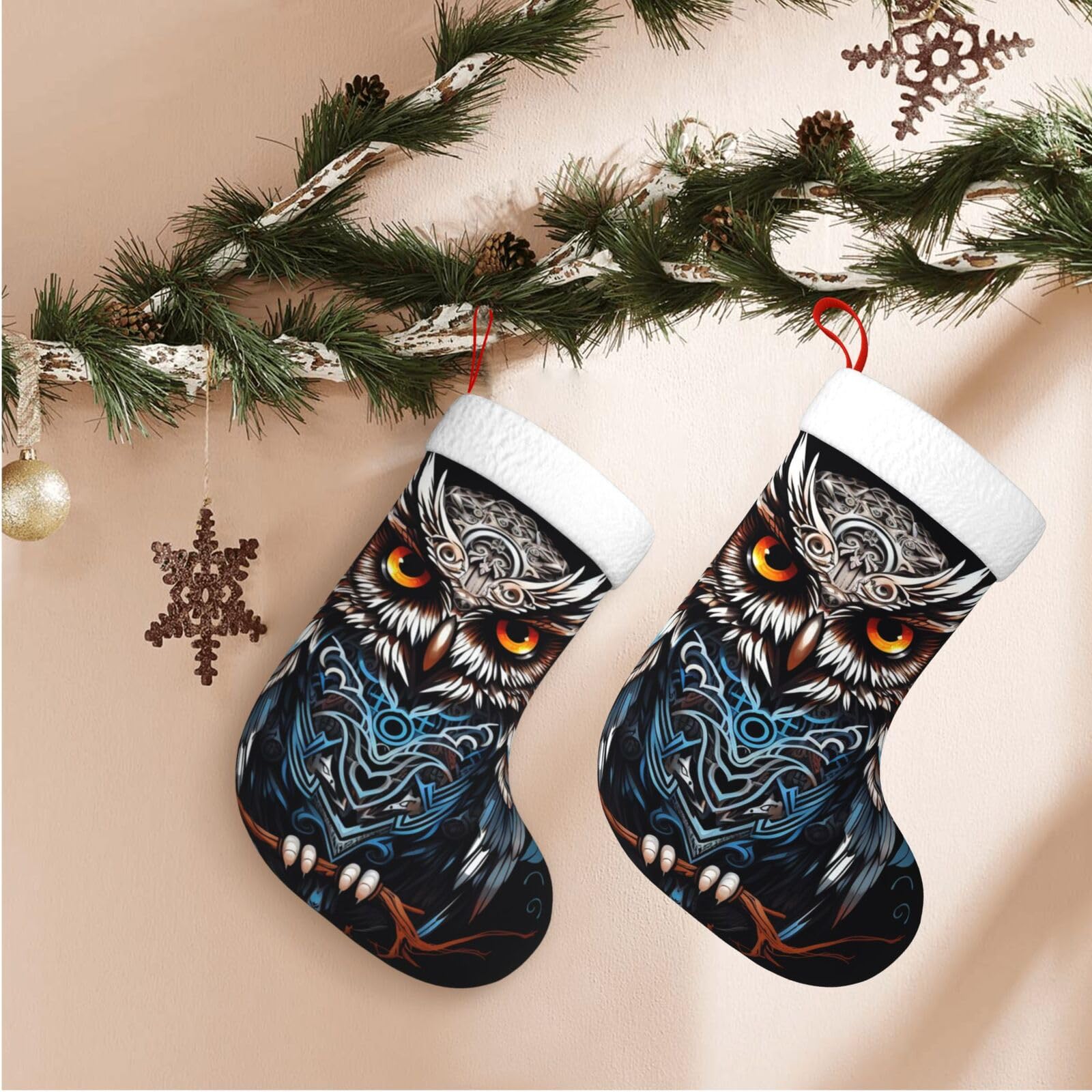 owl Christmas Stockings Velvet Xmas Fireplace Hanging Stocking with Plush Cuff Rustic Christmas Santa Stockings for Home Christmas Decorations Party Favor Supplies