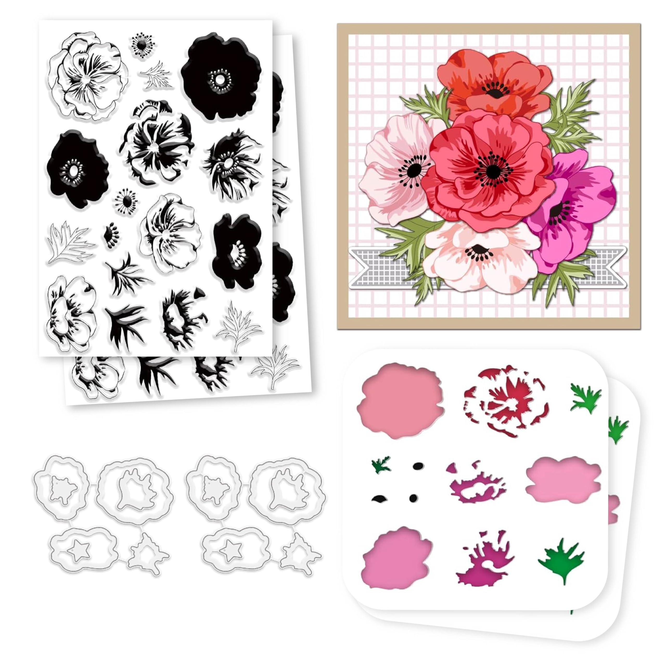INFUNLY 6pcs/Set Anemone Stamp and Die Layered Flower Painting Stencils for Card Making Spring Floral Silicone Clear Stamps and Metal Die Stencils for DIY Scrapbooking Photo Album Decor