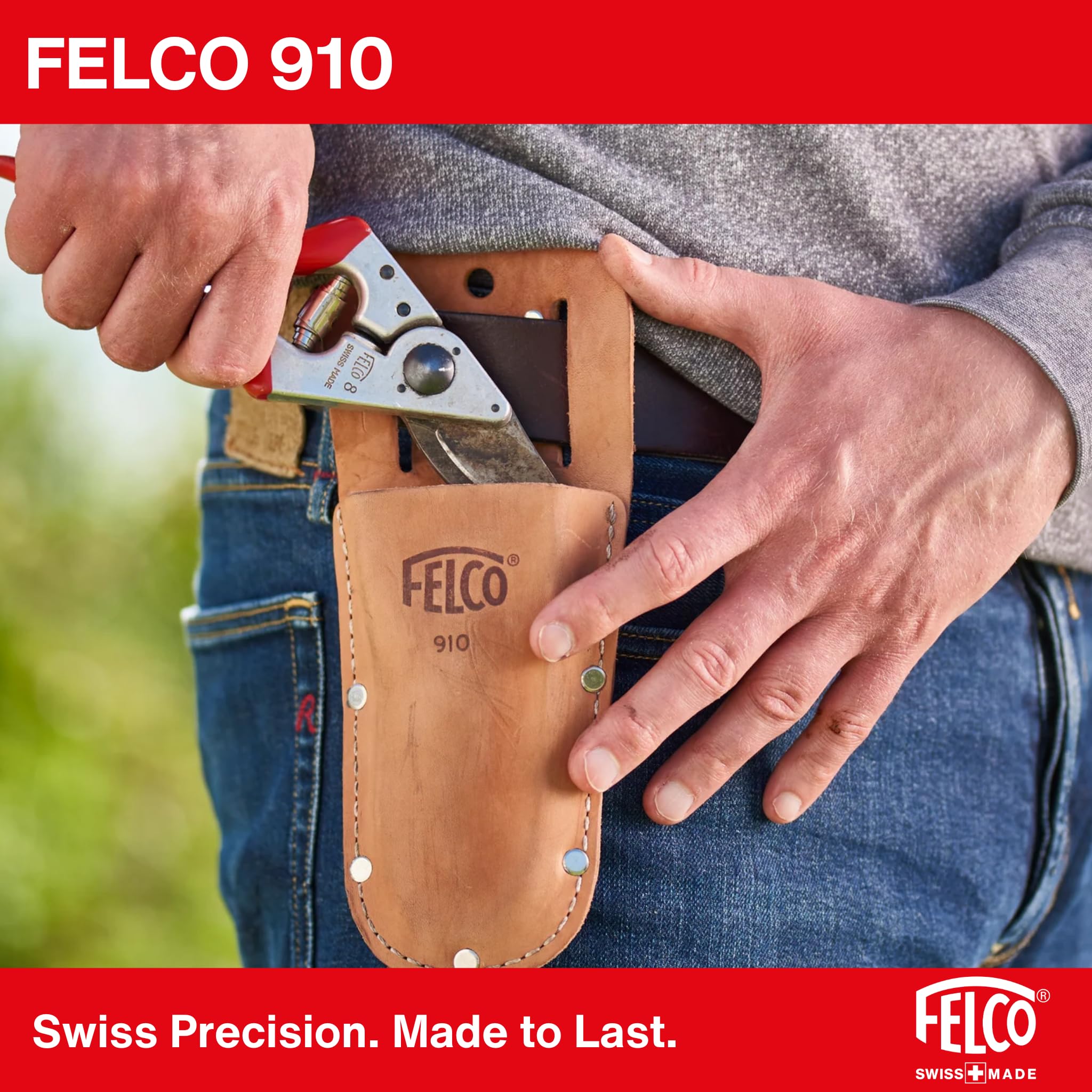 FELCO 2-teilig: Bypass-Gartenschere 6 + Leder-Gürteltasche 910, Rechtshänder, Mittelgroße Hand, 20mm, Abgewinkelter Kopf
