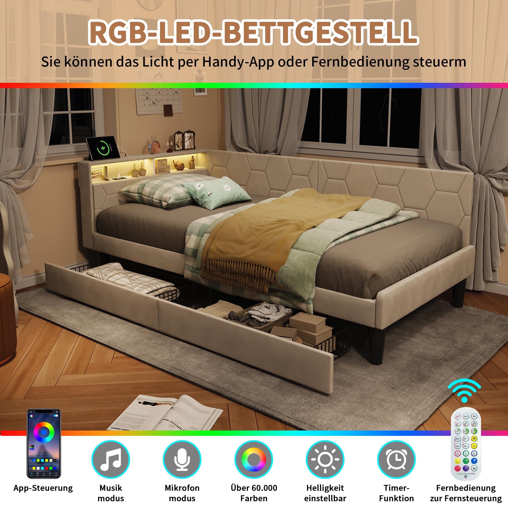 DADEA Cama Tapizada 90x200 con 2 Cajones, Camas Individual con LED y USB, Cama Acolchada con AlmacenajeCamas Individuales 90x200 JuvenilesCama Capitonada Camas Adultos con Cabecero, Sin colchón