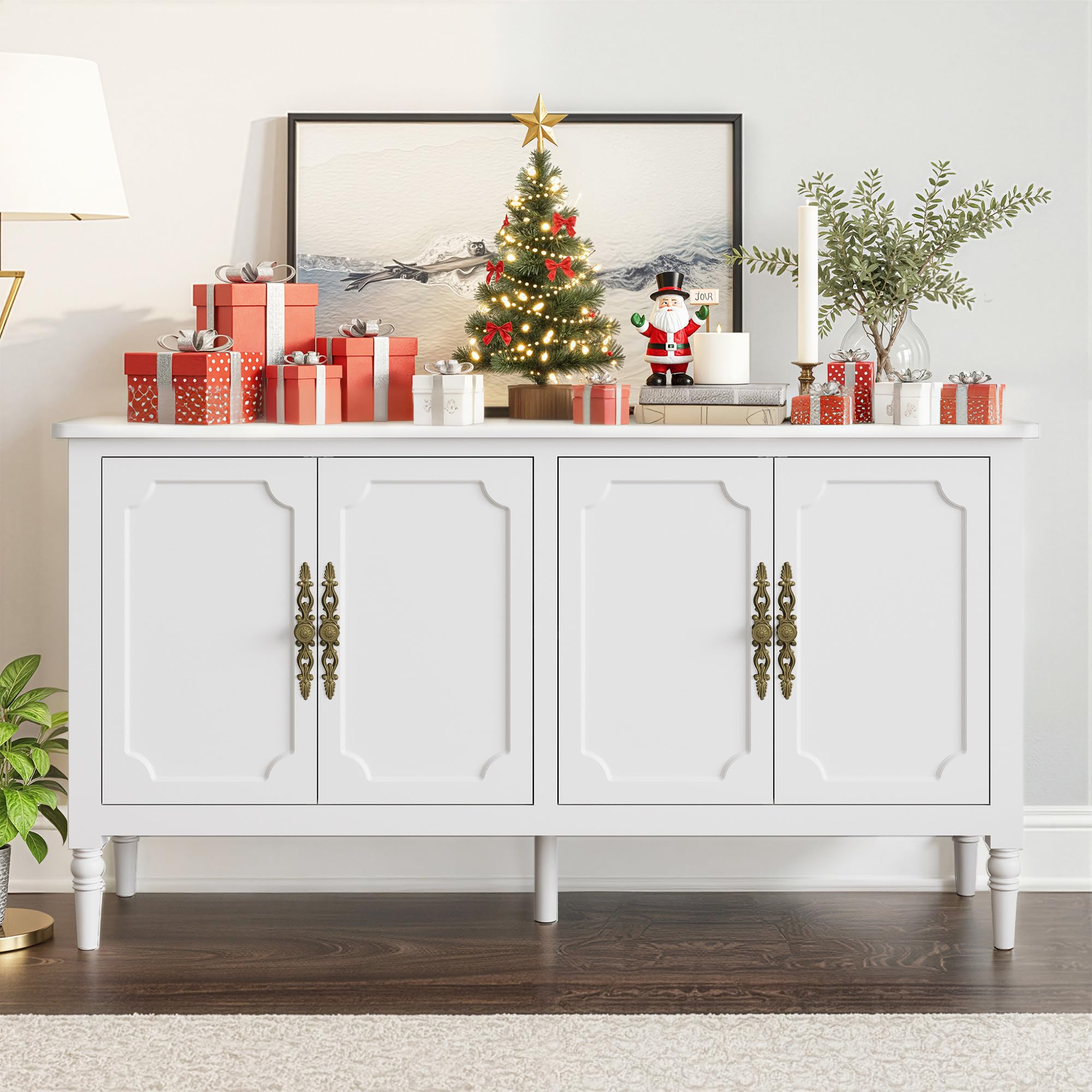 RoyalCraft Sideboard Buffet Cabinet with Storage: 58'' Mid Century Modern Credenza with Solid Wood Legs, Media Console Cabinet with 4 Doors for Entryway, Kitchen, Living Room, Satin White