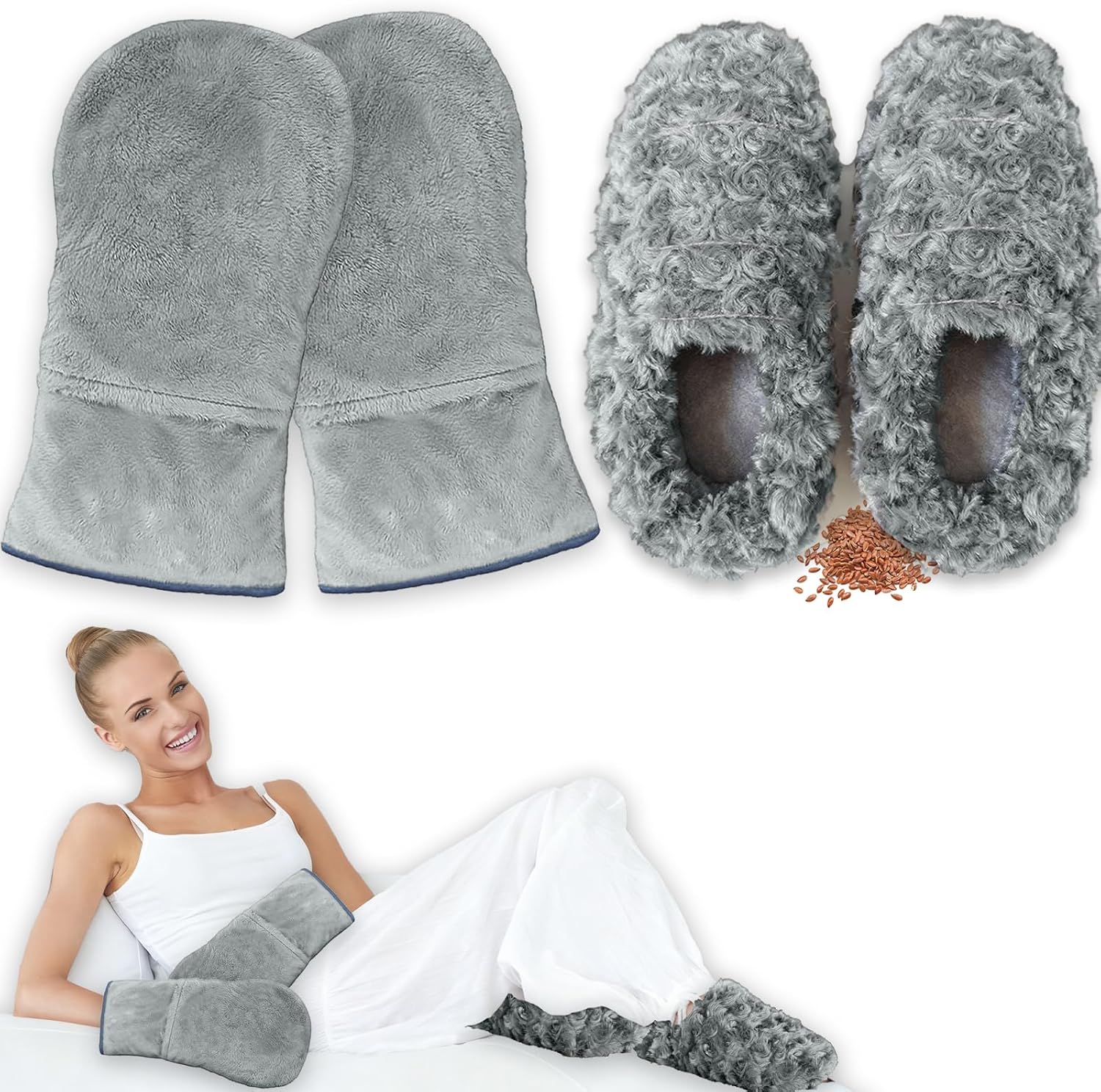 Microwavable Hand Warmers Gloves & Microwavable Slippers Set, Moist Heat Therapy for Hand & Foot,Microwave Heating Gloves & Microwave Feet Warmers for Bed, Washable Covers, Grey, L