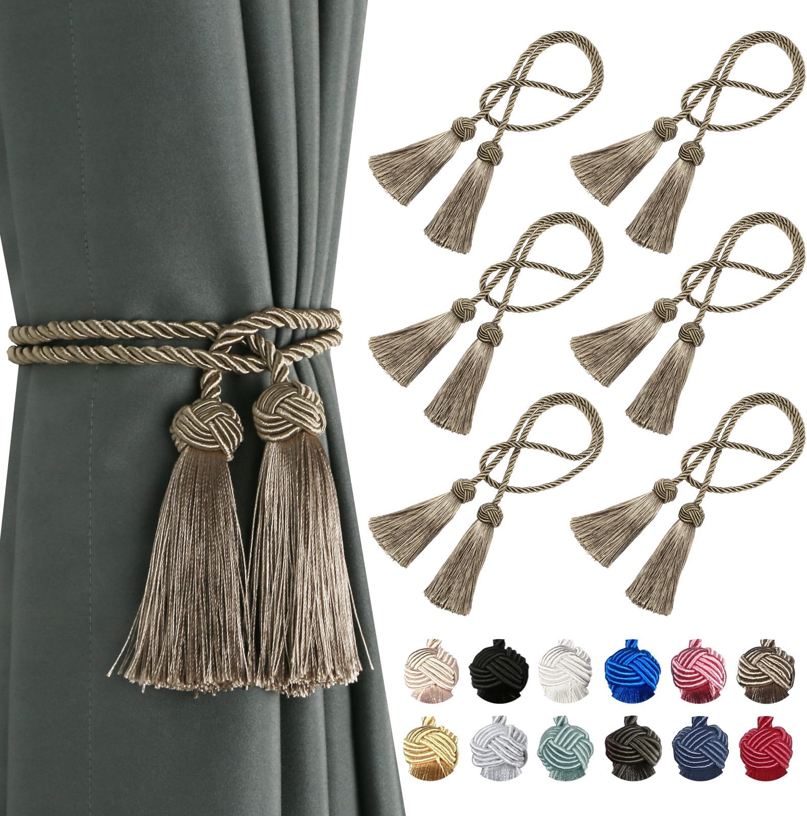BEL AVENIR 4 Pack Curtain Handmade Tiebacks Decorative Curtain Holdbacks with Tassel… (Flaxen, 6 Pack)