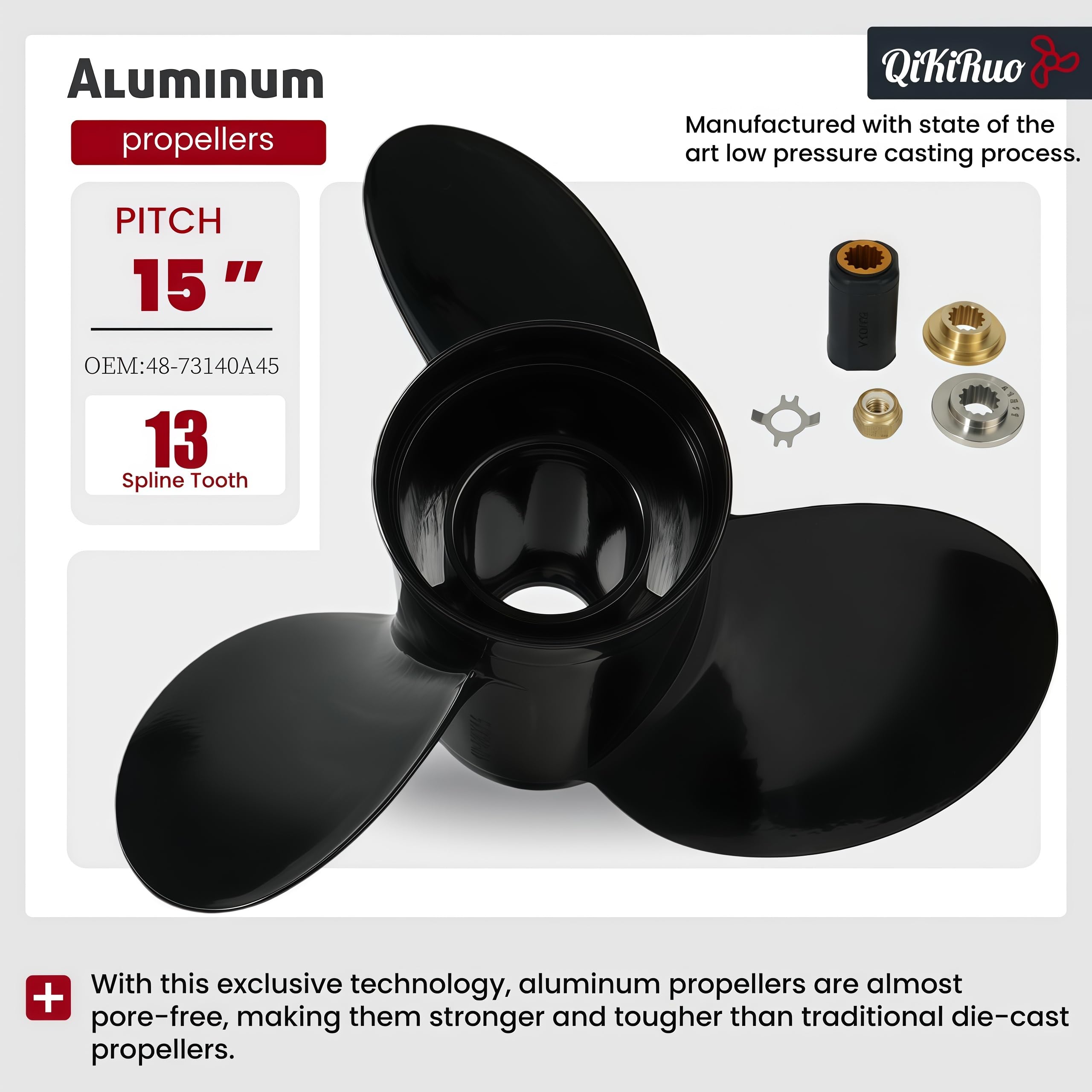 10 1/8 x 15 Propeller passend für Mercury 25/30/35/40/45/50/55/60/70/75 PS, Upgrade OEM 13 Spline Tooth Aluminium Außenbord-Requisiten, rechts, 48-73140A45