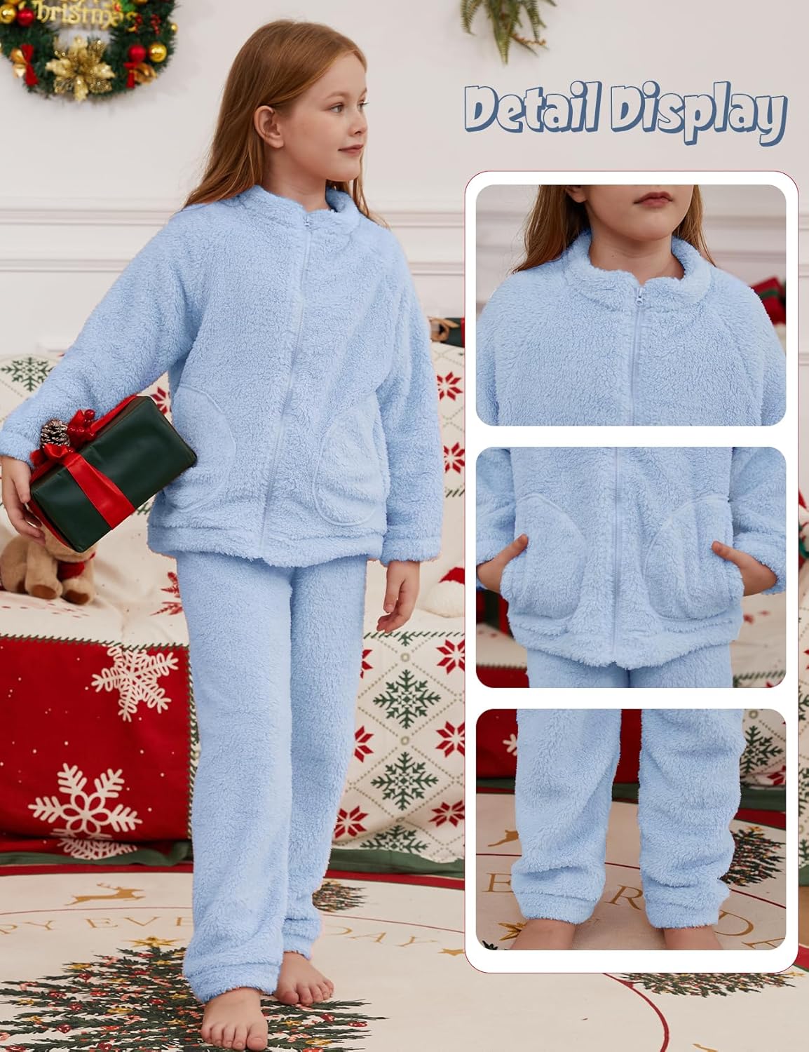 Girls Fleece Pants Sets Kids Fuzzy Sweatshirts Outfits Winter Zip Up Fluffy Sweatsuits Set - Image 6