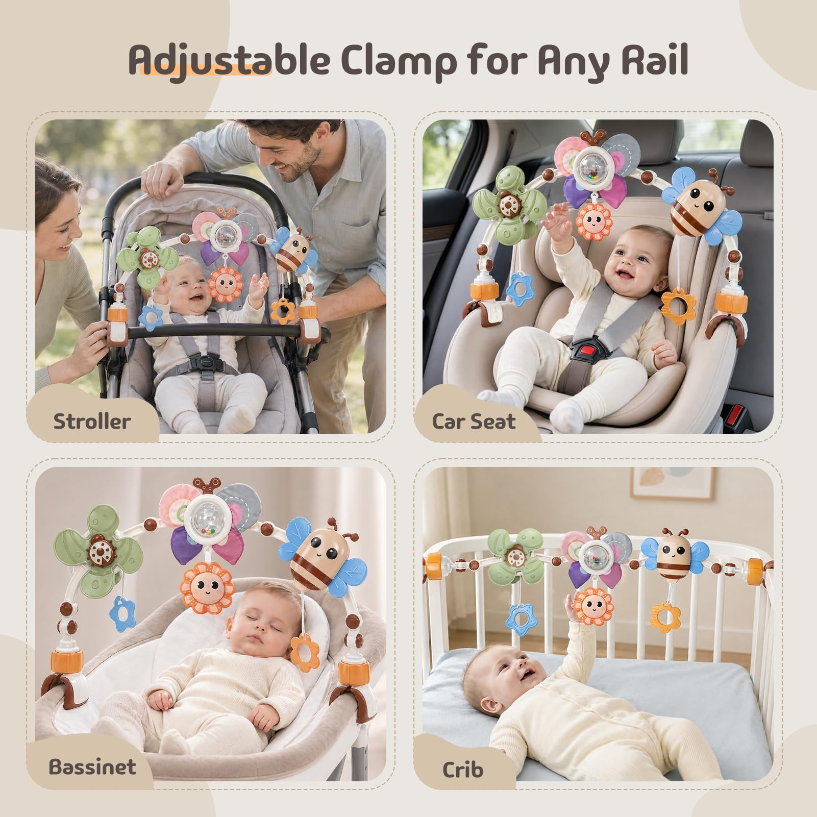 GONINO Passeggino e seggiolino auto giocattoli regolabili da appendere con massaggiagengive e squittio, giocattoli sensoriali per culla e culla, regali per bambini da 0 a 12 mesi