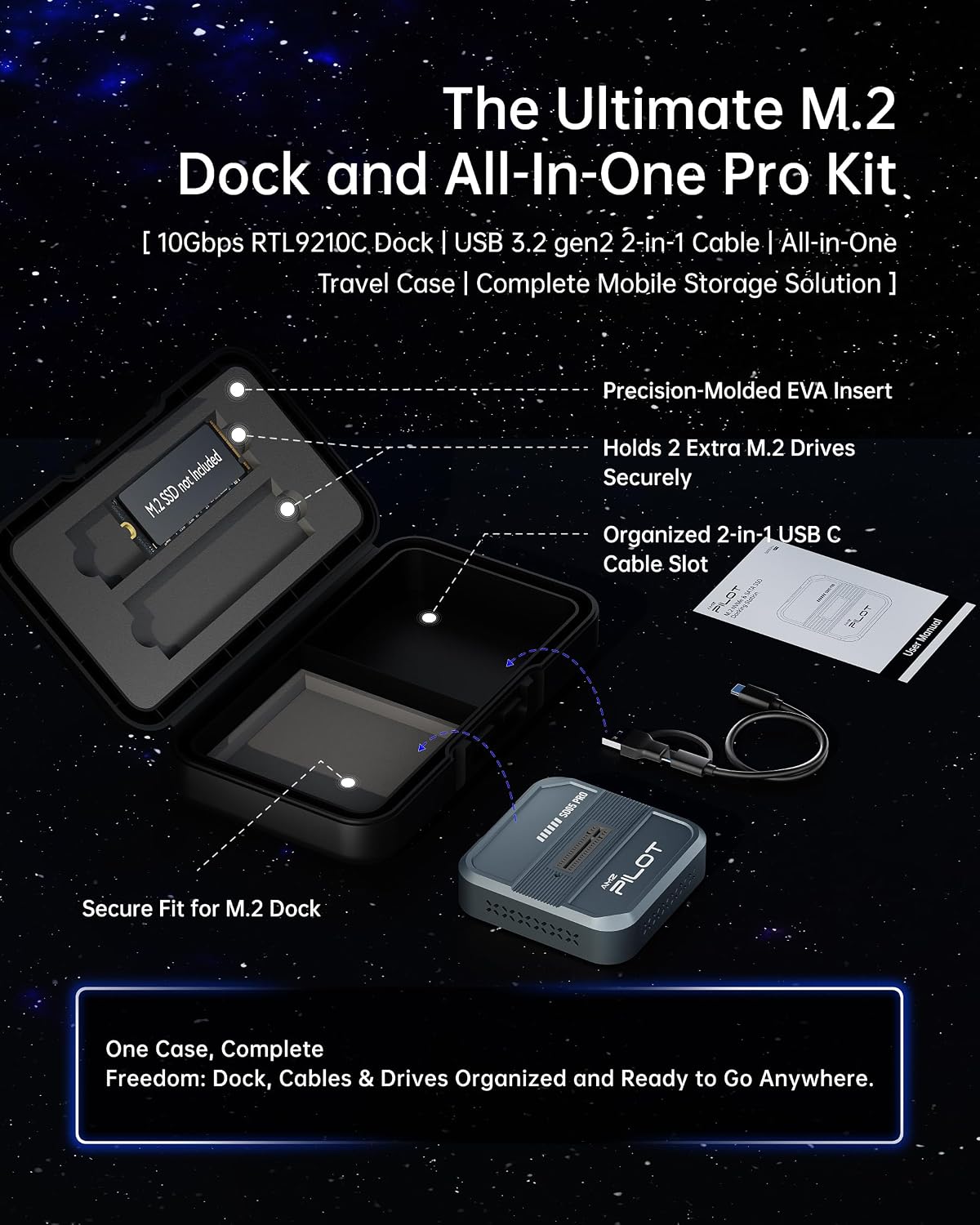 Tool-Free M.2 SSD to USB C Dock with Travel Case 10Gbps Aluminum | NVMe PCIe SATA NGFF External Reader Adapter, M2 Enclosure with RTL9210C Chip 3-Sided Cooling & Portable Organizer Case, Gray