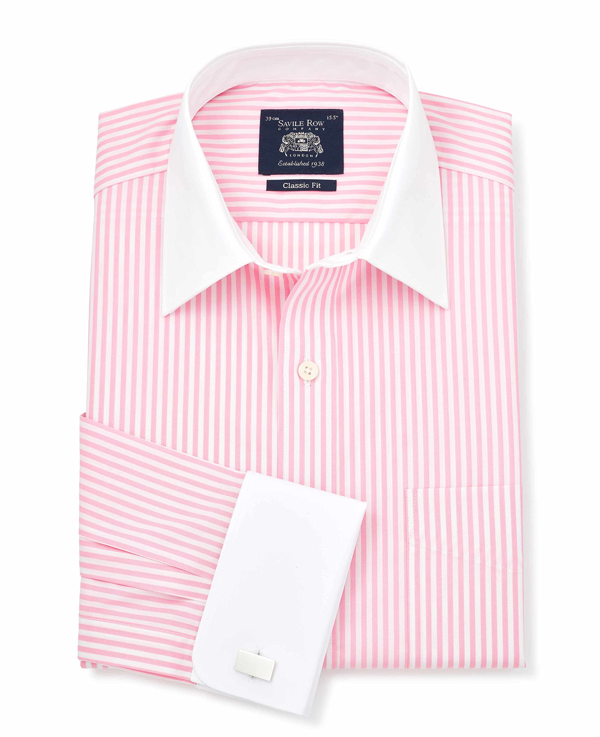 THE SAVILE ROW COMPANY LONDON Men's Classic Fit Cotton Poplin Formal Shirt - Double Cuff - Pink White Stripe with White Collar & Cuffs - 18.5" Collar - Standard
