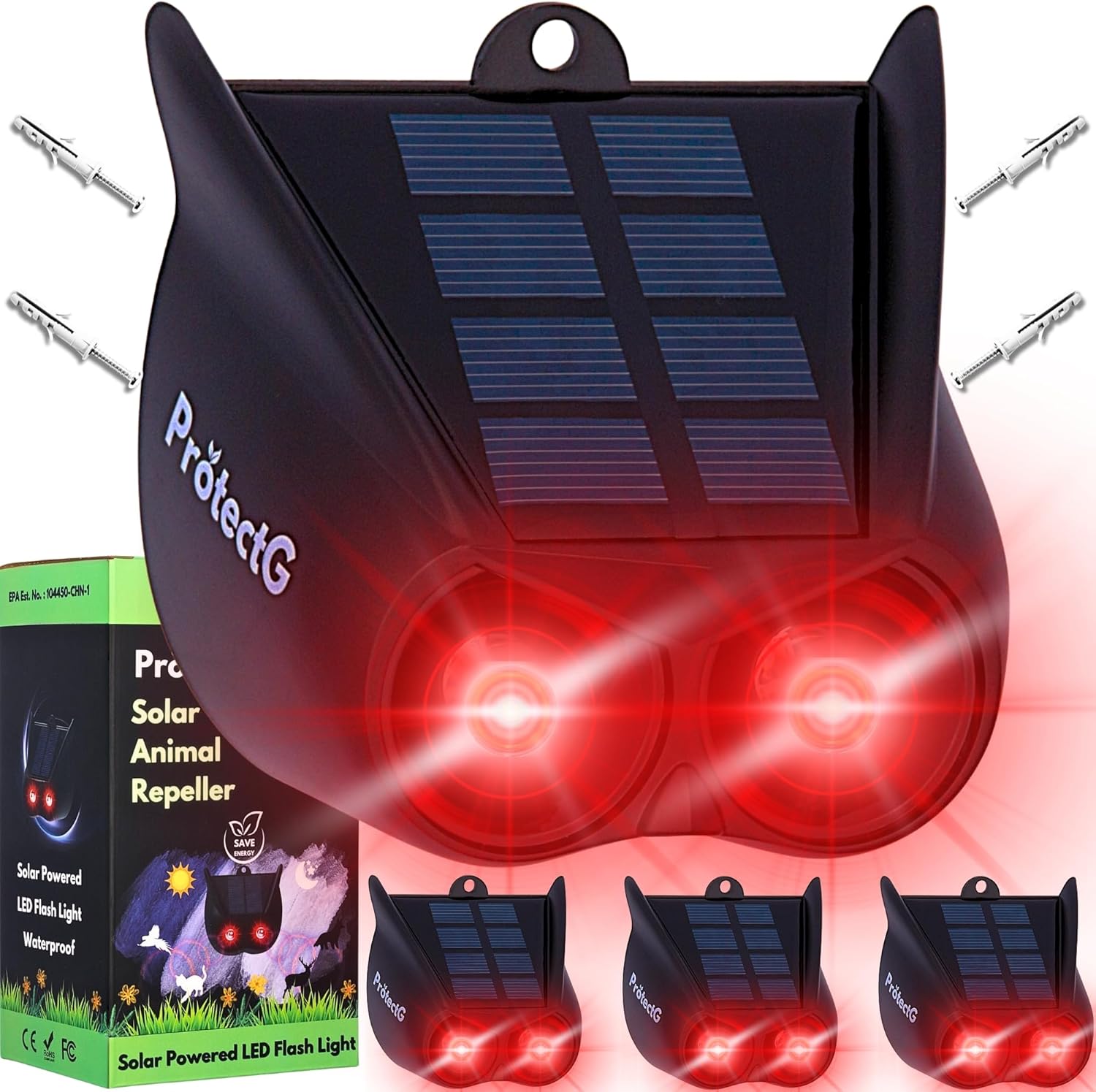 4 Pack Solar Nocturnal Animal Repellent – Powerful Red LED Predator Eyes – Waterproof Automatic Dusk-to-Dawn Deterrent for Yard, Garden, Chicken Coop Accessories – Scares Raccoon, Deer, Coyote, Cat