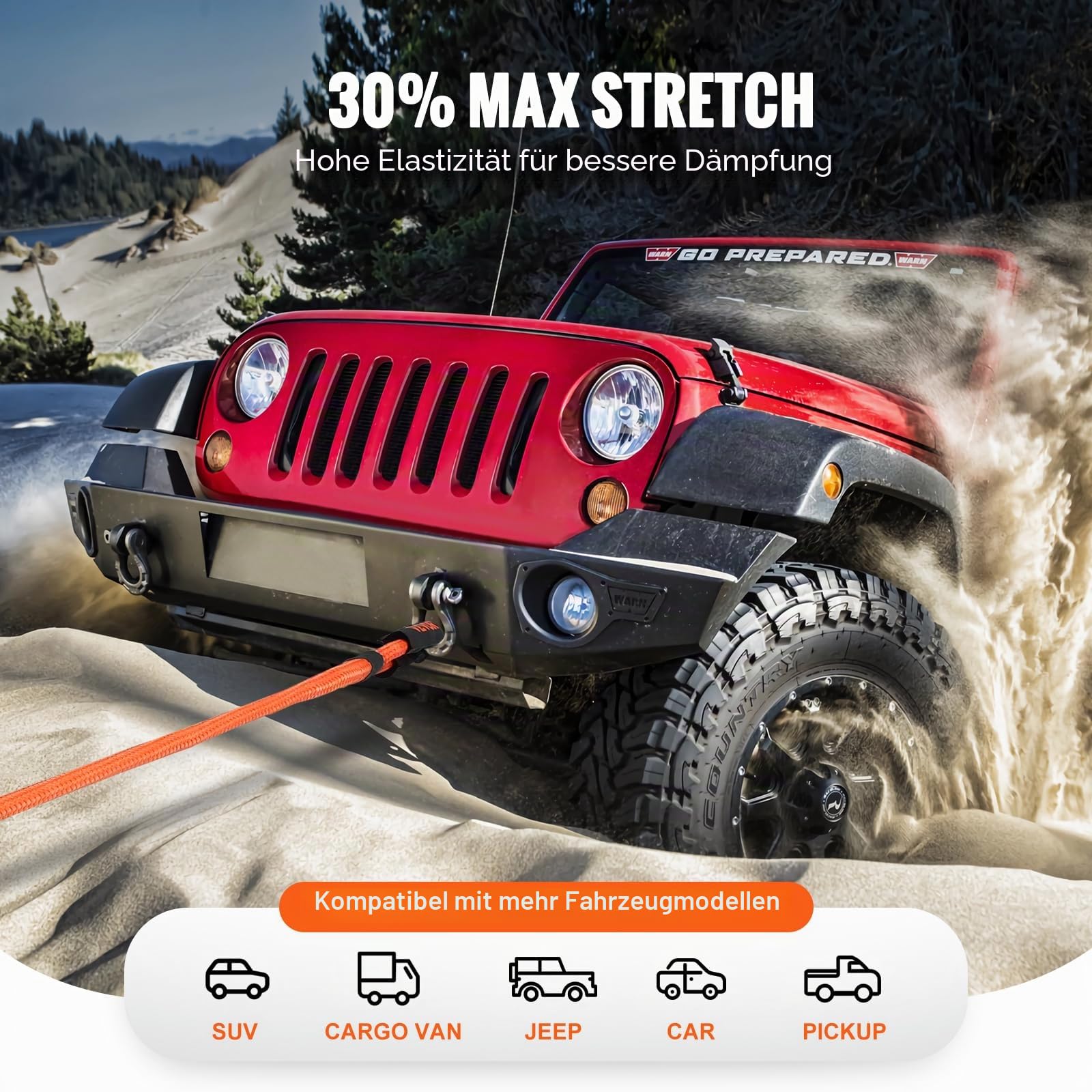 VEVOR 22 mm x 6 m Abschleppseil 13871 kg, Hochleistungs-Offroad-Abschleppgurt, Extrem belastbarer Zugseil mit 30% Elastizitätsenergie Abschlepphilfe für Jeep Auto LKW ATV UTV SUV Traktor
