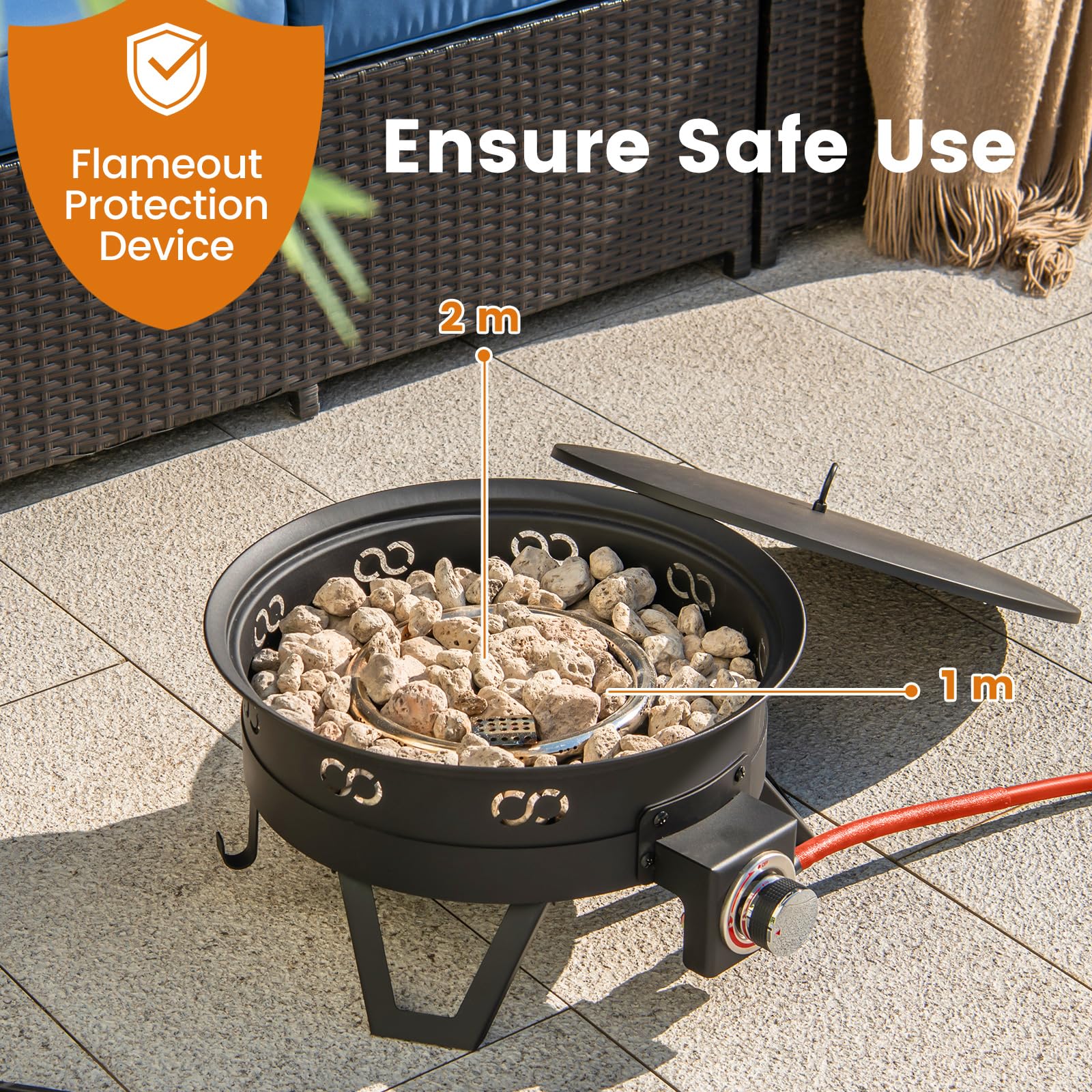 58000 BTU Propane Fire Pit, 44 cm Small Outdoor Fireplace with Foldable Legs, Portable Round Pit Lid, Cooking Grill, Carry Bag, Lava Rocks, Smokeless Firepit for Camping — view 6