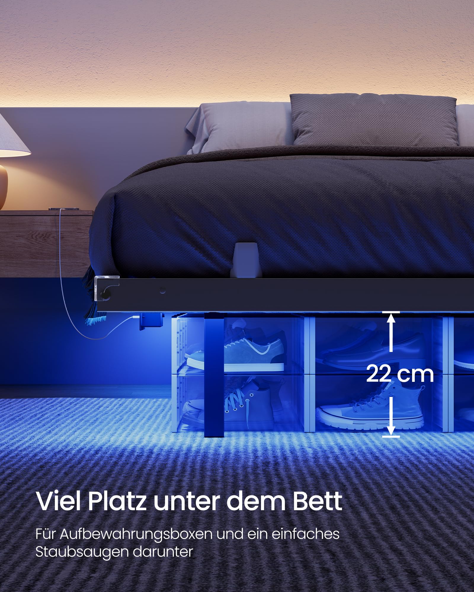 VASAGLE Bettgestell 140 x 200 cm, schwebender Effekt, LED-Beleuchtung, abnehmbare Steckdosenleiste, 2 AC-Steckdosen, 1 USB-C-Anschluss, 2 USB-A-Anschlüsse, trägt bis 500 kg, tintenschwarz RMB174B101