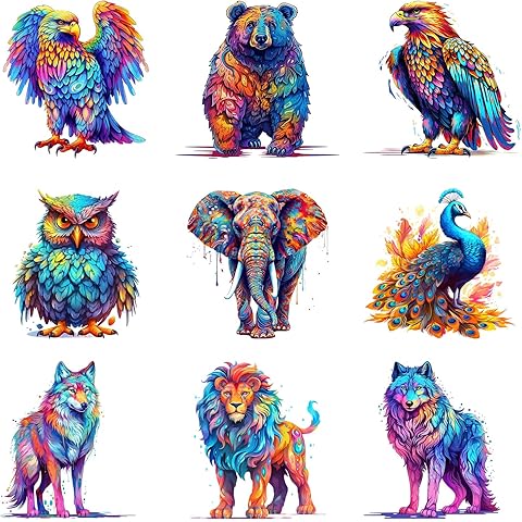 9pcs Colorful Animals Iron On Transfer Decals Thermal Stickers for Clothing Appliqued Washable DIY Applique Iron On Heat Press Vinyl for Shirts Pillow Covers
