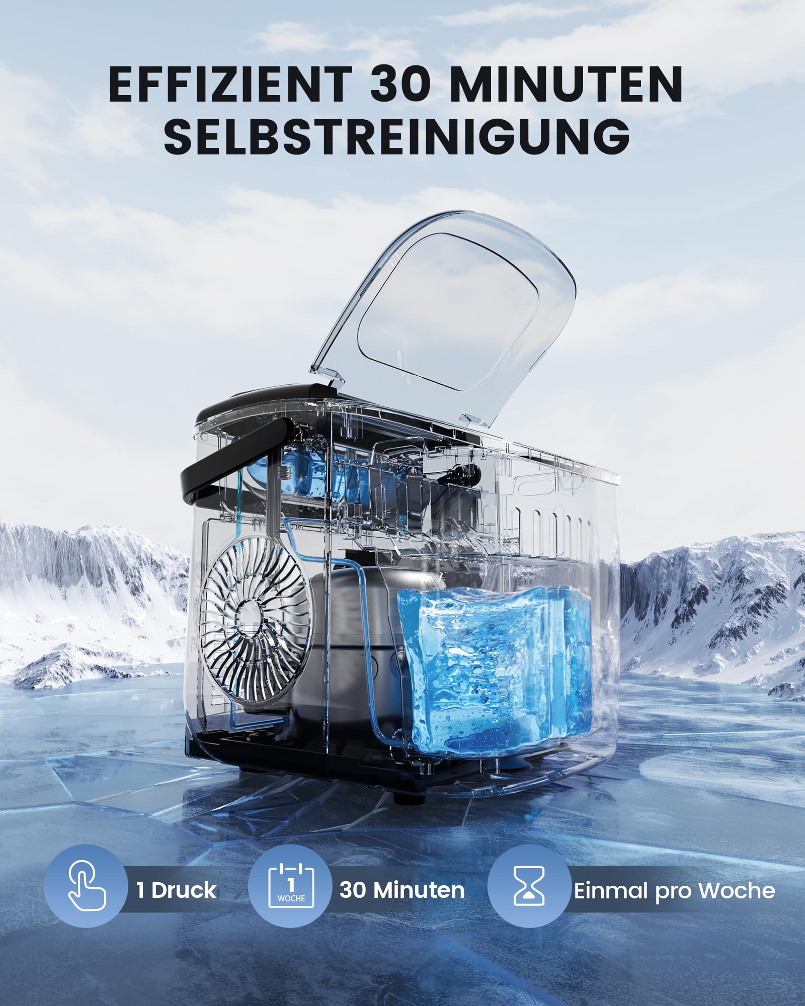 EASYERA Eiswürfelmaschine Klein, Tragbar und Kompakt, 12 KG/24H, Eiswürfel in 6 Minuten, 2 Eiswürfelgrößen, Selbstreinigende Ice Maker, Ideal für Küche, Büro, Bar, Partys – Schwarz