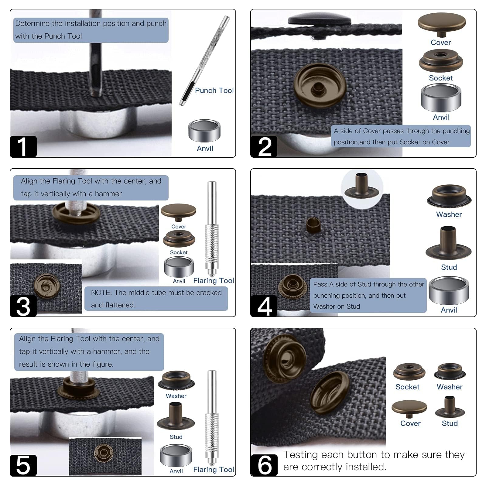 1000 piezas (250 juegos) Kit de cierre a presión de 5/8 pulgadas (15 mm), kit de botones a presión para cuero, kit de cierres a presión para cuero, botón de presión de acero inoxidable para bolso,