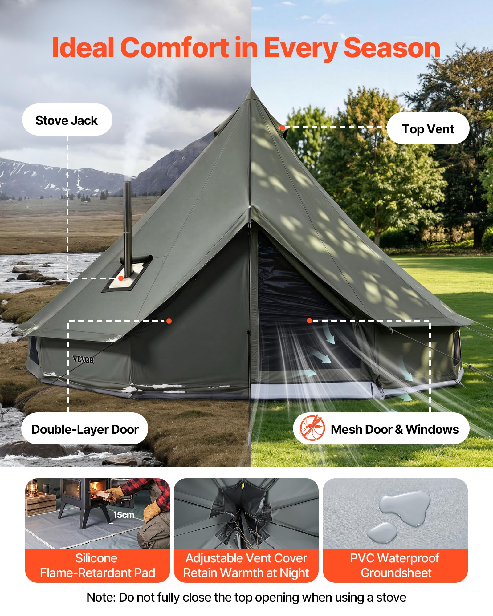 VEVOR Tenda a Campana in Tela per 4 Stagioni, Tenda Yurta 3 m per Campeggio con Presa per Stufa, Tela Traspirante, Max 3 Persone, con Pavimento Staccabile e Cerniera, per Campeggio Famiglia Glamping
