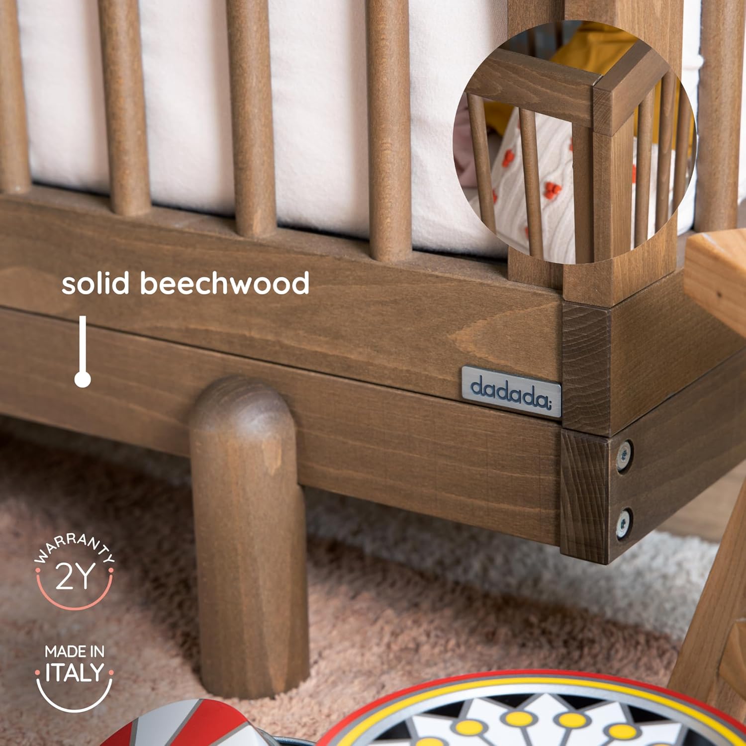 dadada Baby Bliss 4-in-1 Convertible Crib to Toddler Bed & Floor Bed – Made in Italy, GREENGUARD Gold Certified, Baby-Safe Finish, Sustainable Beech Wood, Modern Design, 4 Adjustable Heights (Walnut) - Image 8