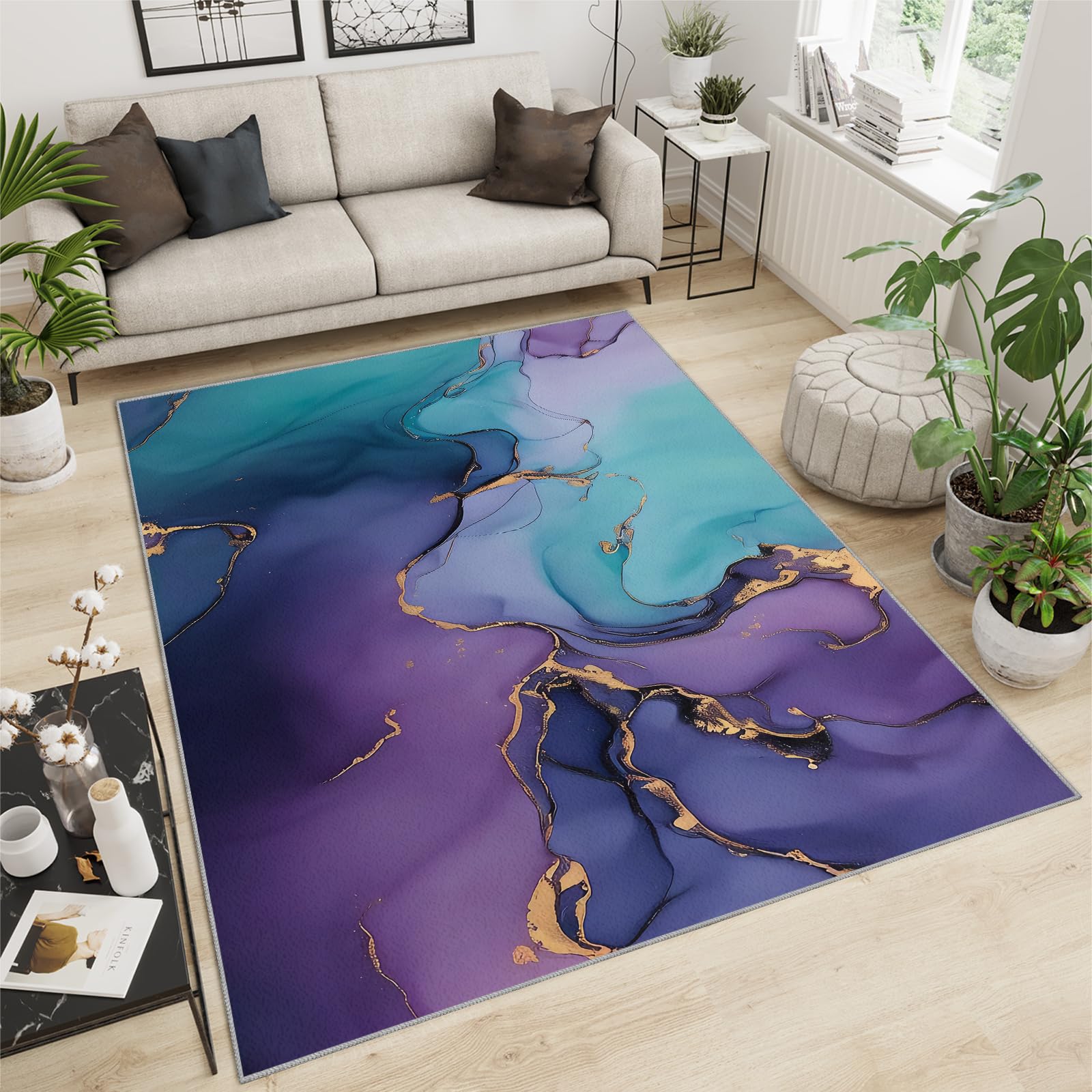QDJKBL Washable Rugs 160 X 200 Cm Purple Green Turquoise Marble, Luxury Gradient Color Fluid Art Graffiti Farmhouse Rug, Soft Area Rug Non-Shedding for Classroom Home — image 1