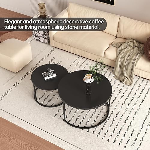 Miniatura 3 de Mesas de centro para sala de estar, juego de 2 mesas de centro decorativas modernas negras, parte superior de piedra sinterizada y base de metal
