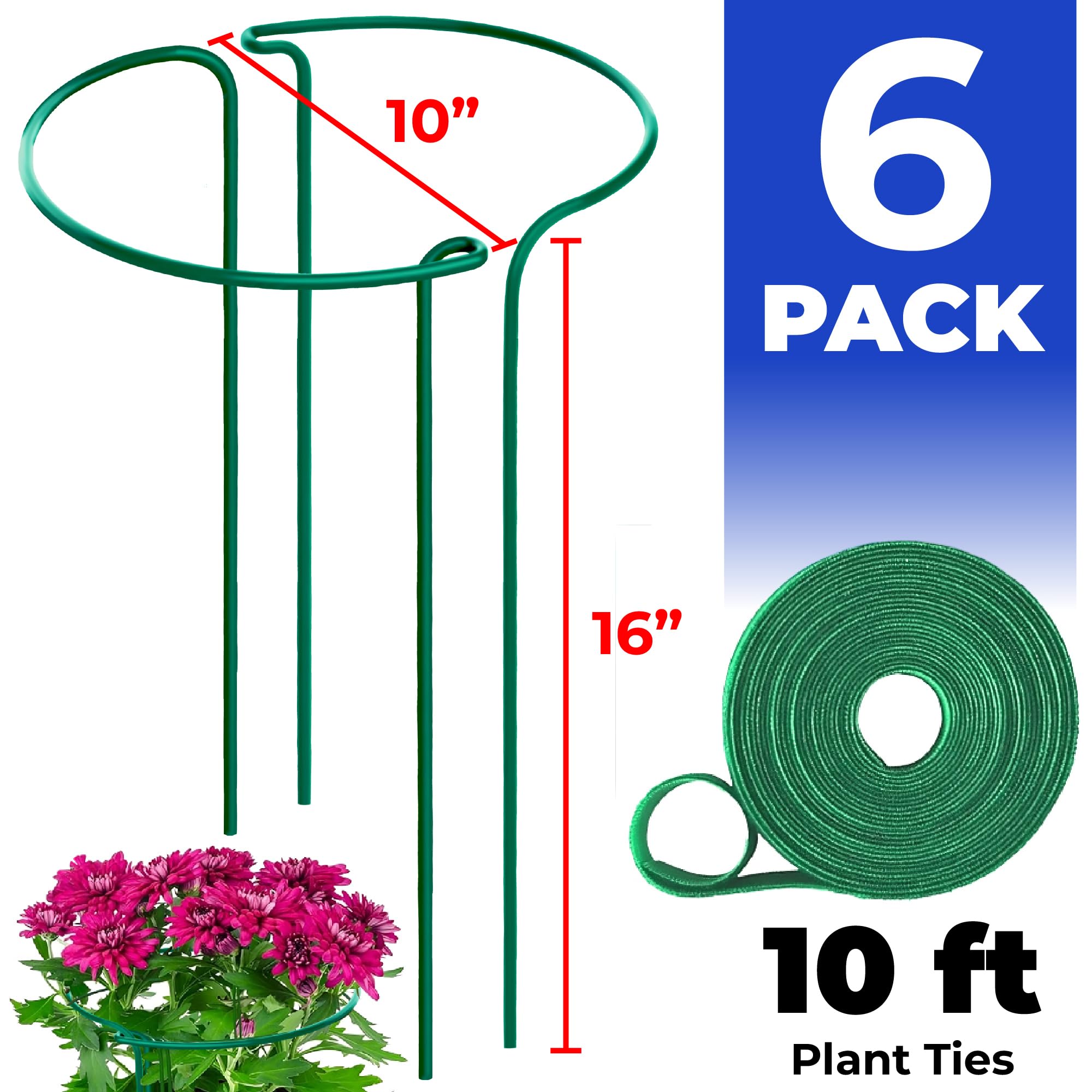 Lot de 6 grands piquets de support pour plantes d'intérieur et d'extérieur – Cages et supports de pivoine – Anneau de cage pour fleurs en pot – Pivoine, tomate, hortensia, rosier 25,4 x 40,6 cm (l x H