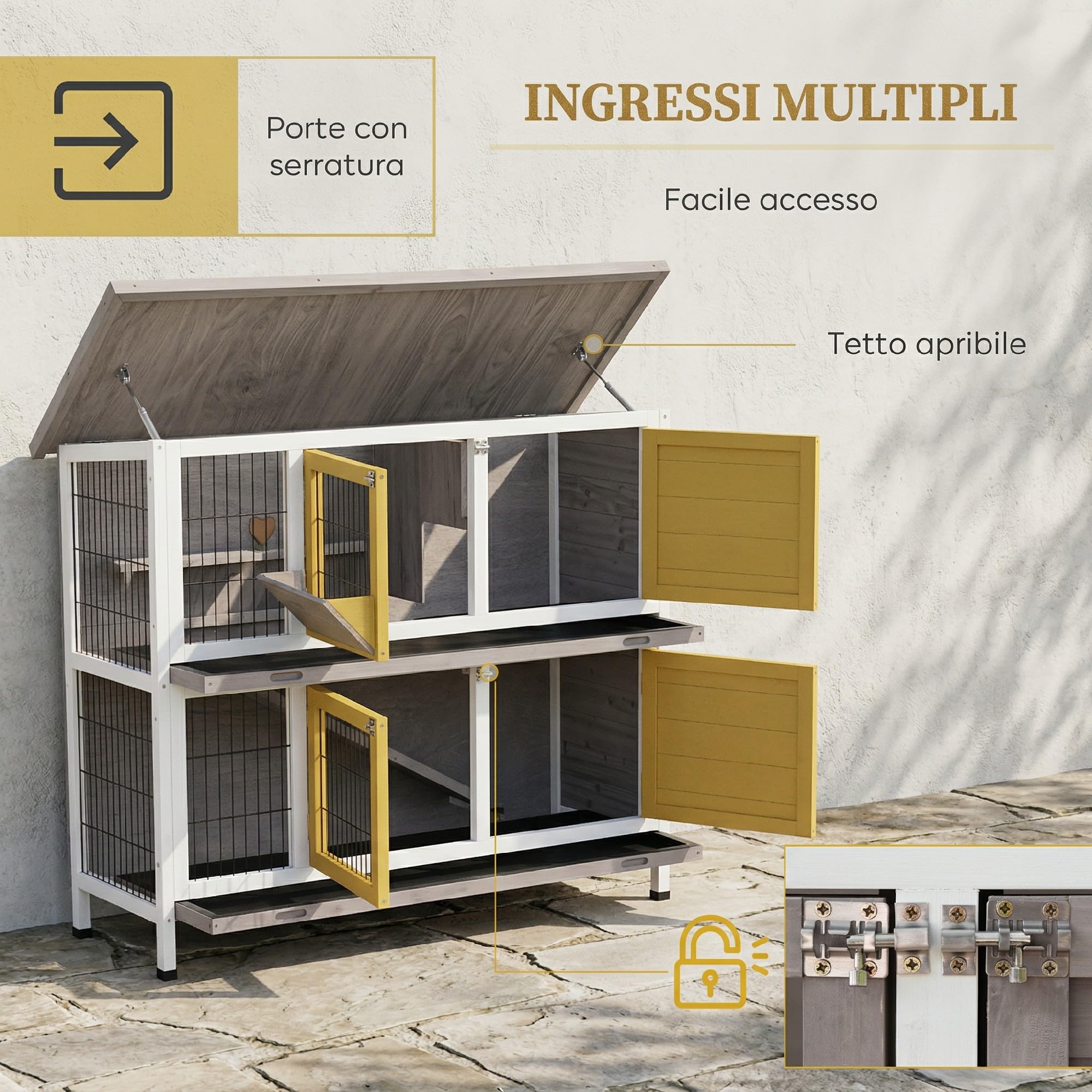 PawHut, Conigliera in Legno a 2 Livelli 122x50x101 cm Grigio Marrone | per Esterno e Interno, Gabbia per 1-2 Conigli, Tetto Apribile, Mangiatoia, Vassoi Removibili, Rampa, Porte con Chiusura