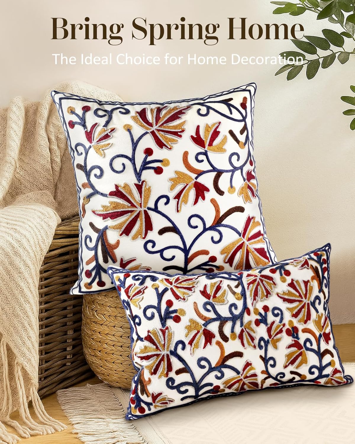 Embroidered Throw Pillow Cover - 20x20 Decorative Pillow Cover with Zipper Aesthetic Cute Design Boho Spring Summer Throw Pillowcase for Living Room Couch Sofa Bed, Fall Flower - Image 5