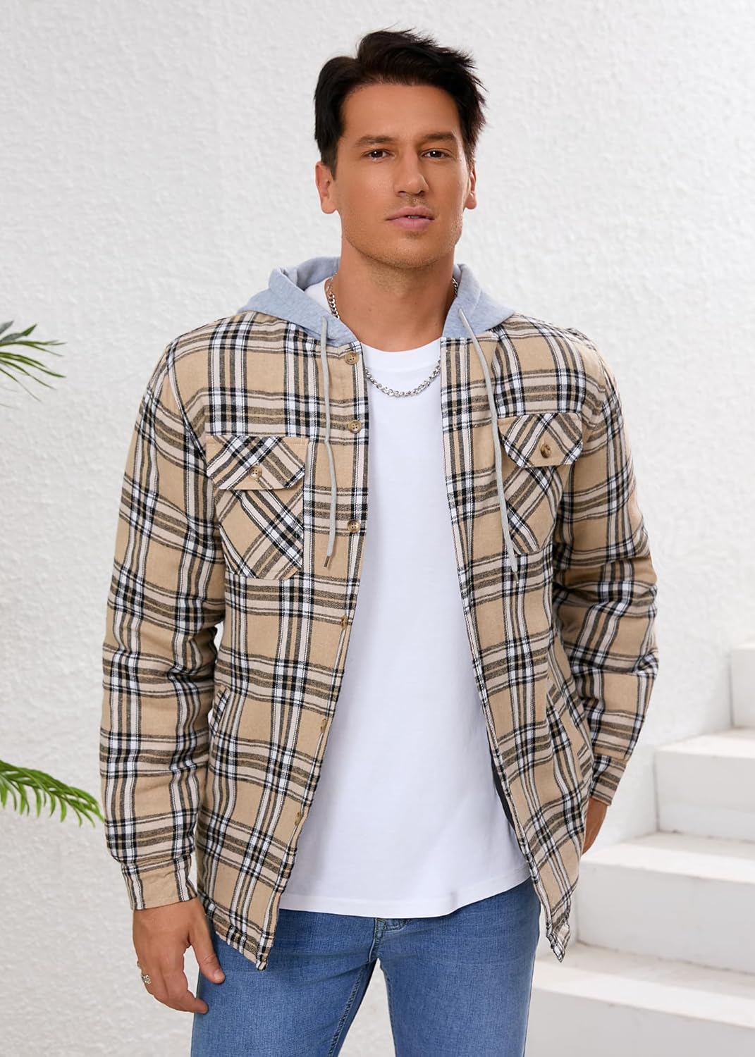 Men's Quilted Lined Flannel Shirt Jacket Button Down Flannel with Hood Lightweight Quilted Jackets for Men - Image 2