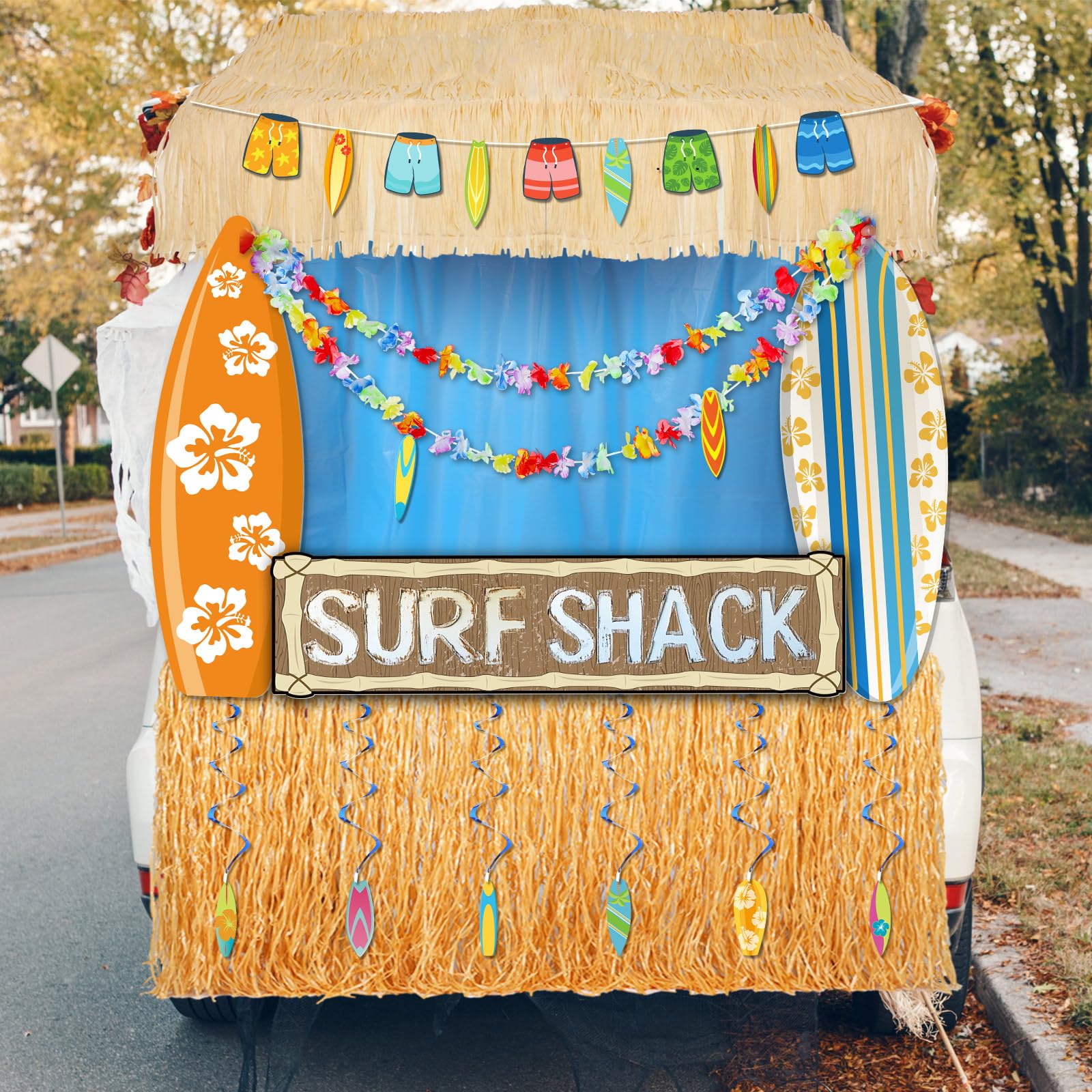 Weysat 14 Pcs Halloween Surf Shack Trunk or Treat Car Decoration Kit Hawiian Car Archway Garage Decoration with Hawaiian Backdrop Raffia Table Skirt Hanging Swirls Banner for Halloween Outdoor