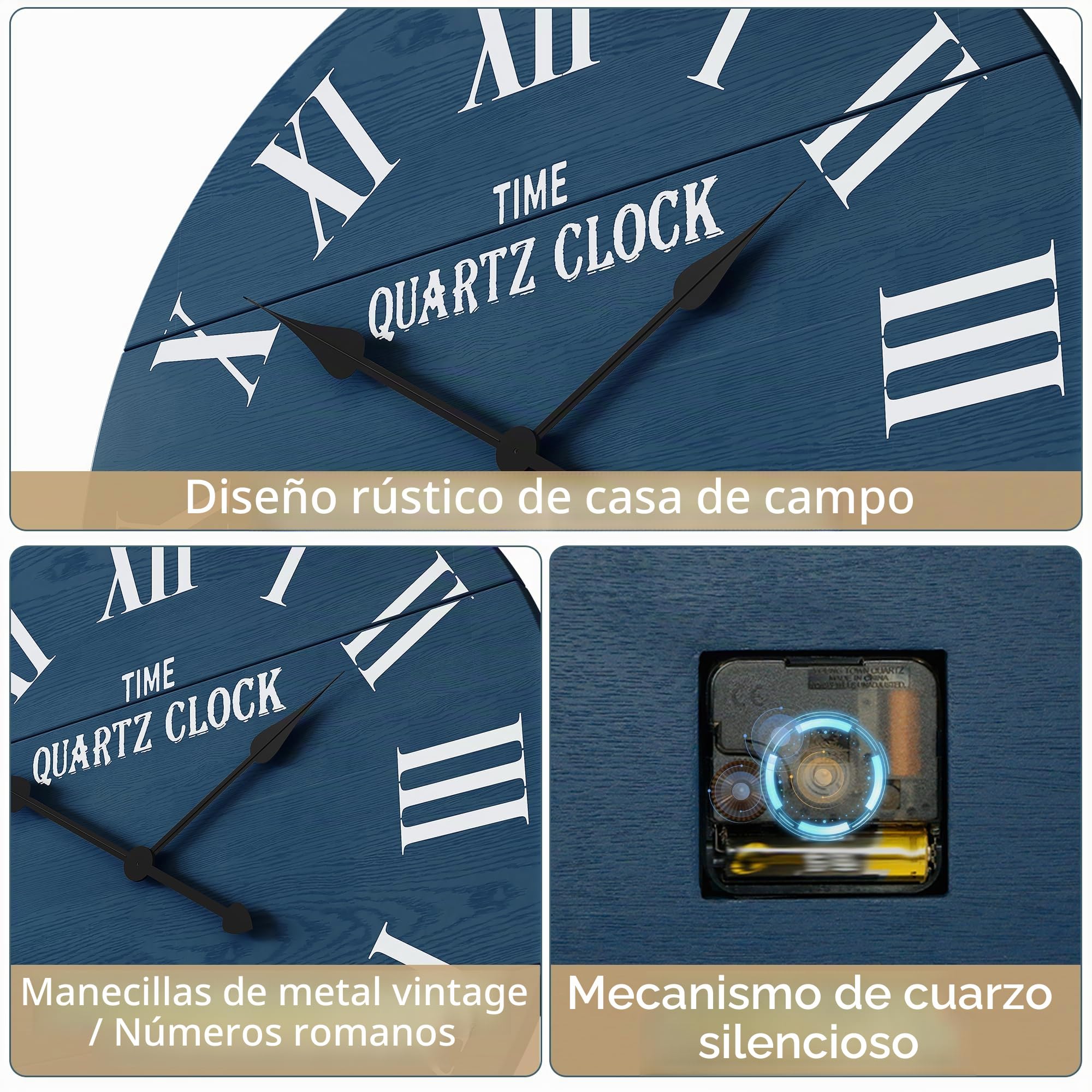 Reloj de Pared silencioso 60 cm Redondo Decorativo Moderno para Cocina, Sala de Estar, Oficina, Azul