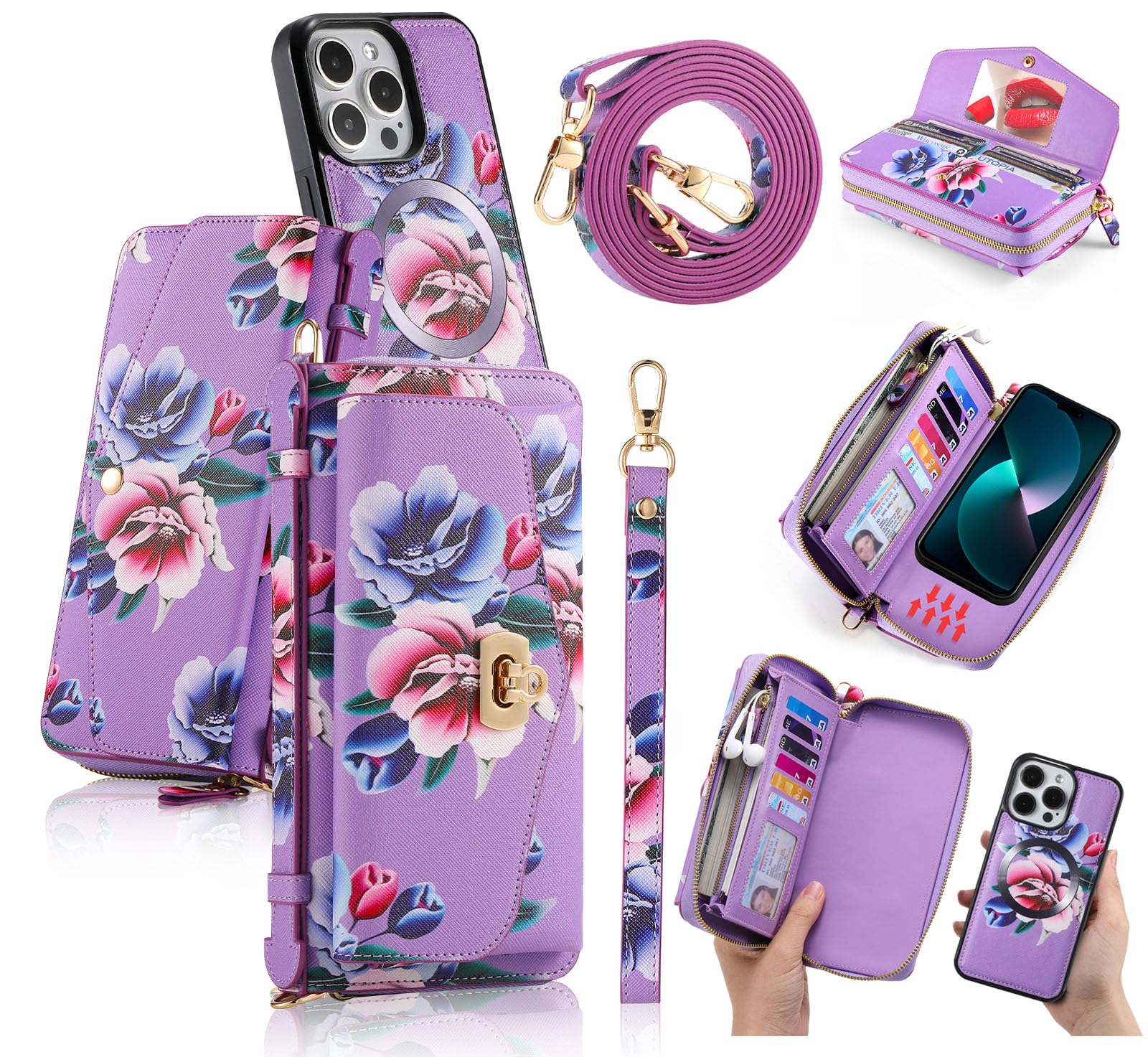 LITOU Compatible for iPhone 16 Pro Max Crossbody Wallet Purse Phone Case with Detachable Magnetic,RFID Blocking Card Holder,Zipper Leather Wallet