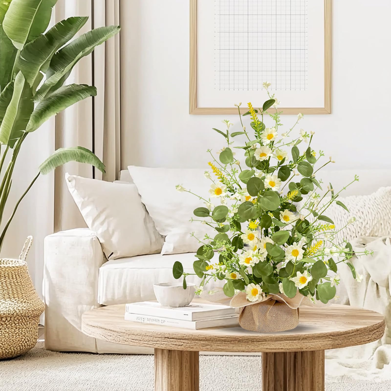 TURNMEON Summer Decor, 22 Inch Artificial Tabletop Tree with White Daisy Eucalyptus Lavender Silk Floral, 20 LED Warm Light, Linen Base Timer - Easy DIY Home Decor for Party, Holiday, Table Bedroom