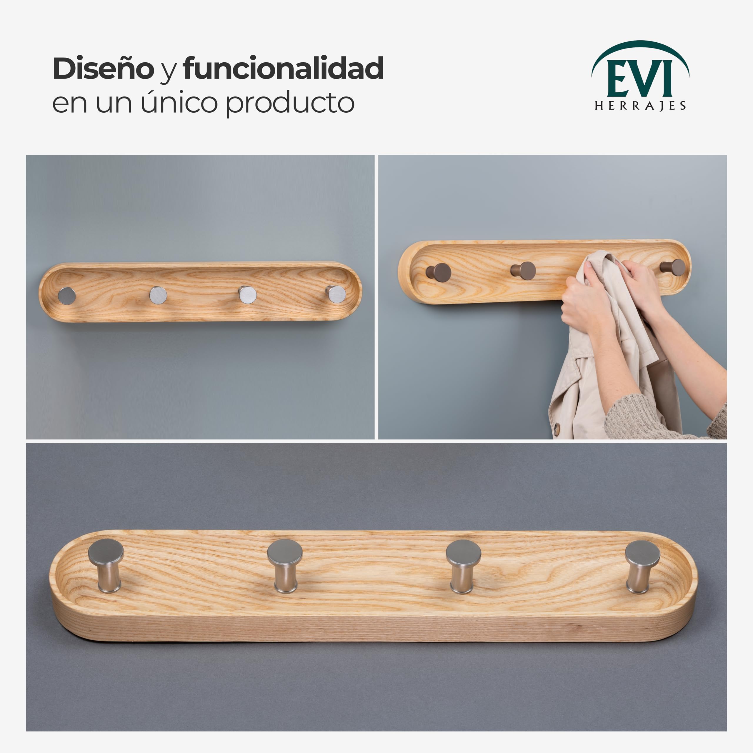 EVI Herrajes | Perchero de pared de 4 colgadores | Madera maciza de fresno | Colgadores de acero inoxidable | Kit de montaje incluido | Mod. Cova 4CFRAM