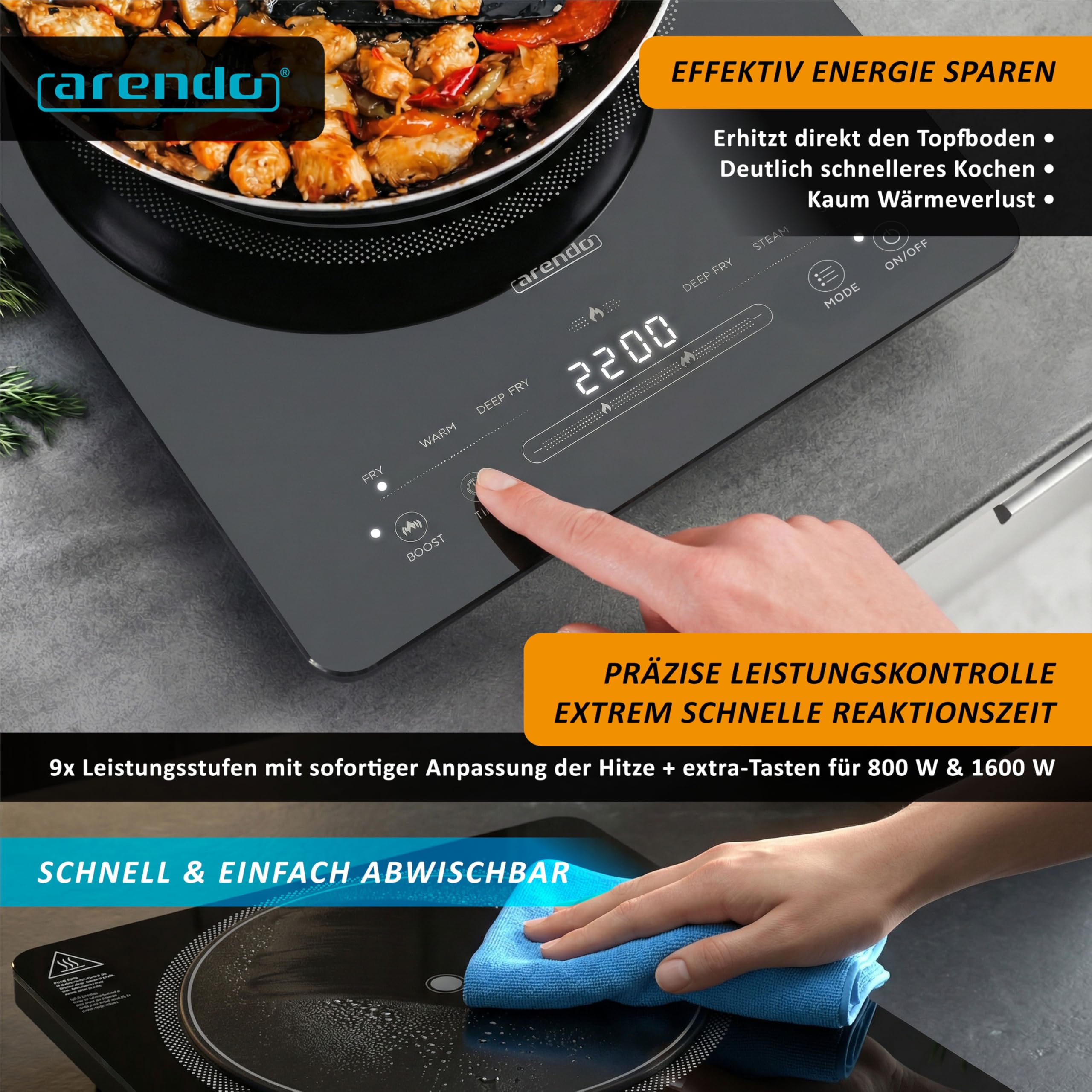 Arendo - Kochplatte Induktion 2200 Watt - Induktionskochplatte - 9 Leistungsstufen - 120-2200 W - mobil - 1 Induktionskochfeld - Sensor Touch Bedienfeld - Timer - Überhitzungsschutz