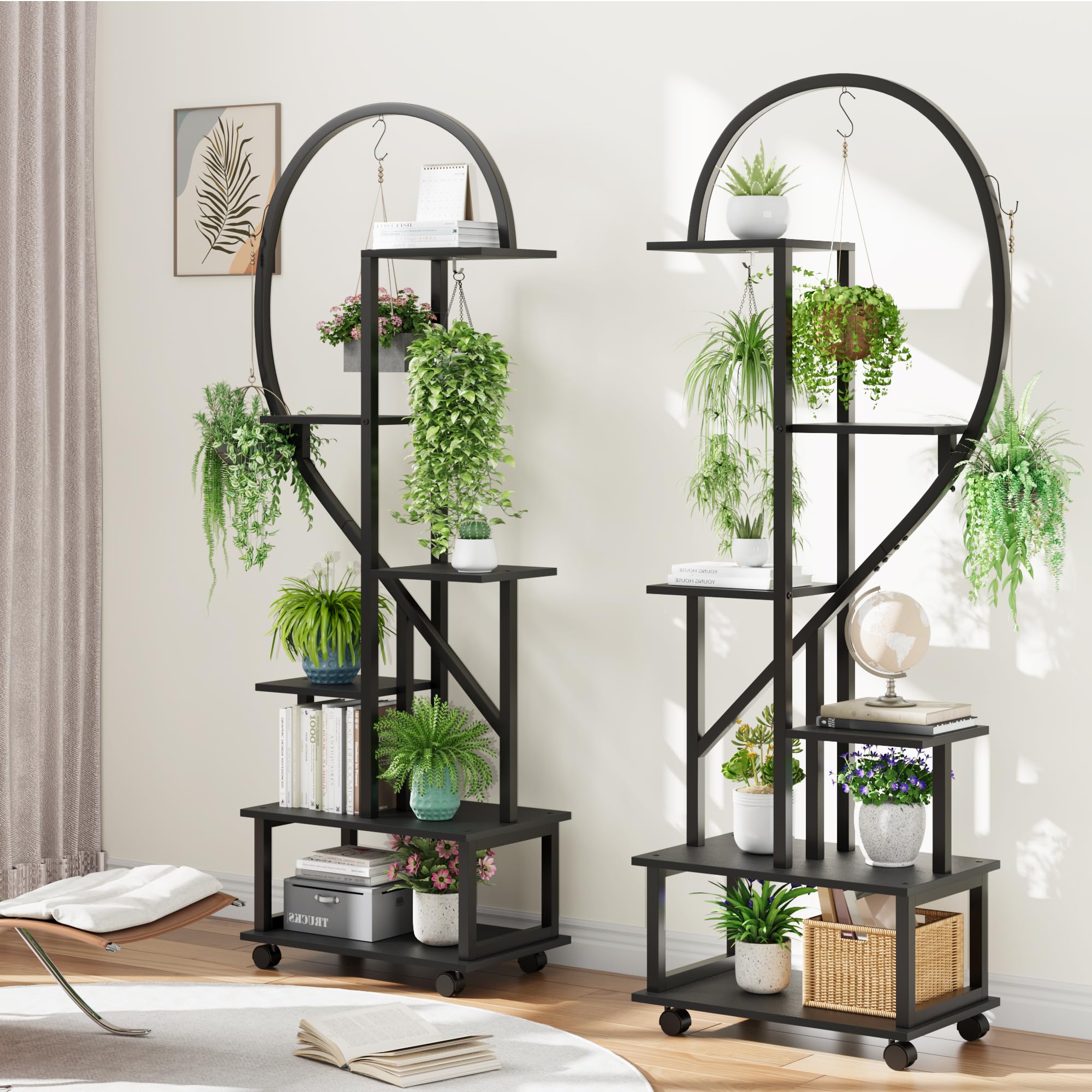 Lot de 2 172Cm Grand Support pour Plantes 6 Niveaux,Grande Étagère à Plantes en cœur,intérieur/extérieur,Etagère de Présentation sur Roulettes Amovibles & Crochets pour jardin,balcon,parlor(Noir)