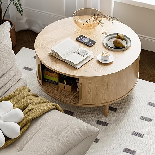 Miniatura 6 de Mesa auxiliar para sala de estar, moderna mesa de centro redonda con armarios y puertas correderas, espacio pequeño para el hogar, mesa central