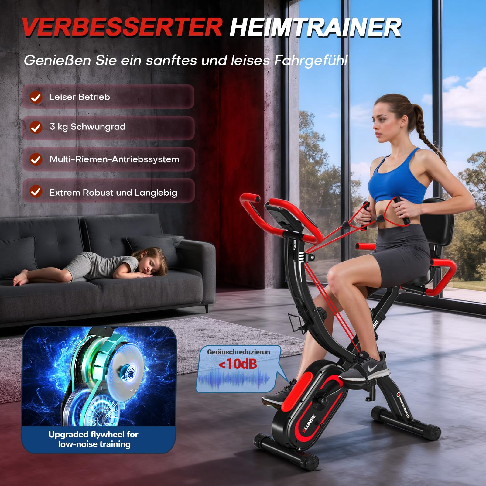 Heimtrainer Fahrrad mit App, Neu Hometrainer Fahrrad mit stabilem Doppeldreieckrahmen, Klappbar Ergometer Heimtrainer mit 10dB extra Leise, Indoor Bike für Kardio-Training zu Hause, Bis 160KG