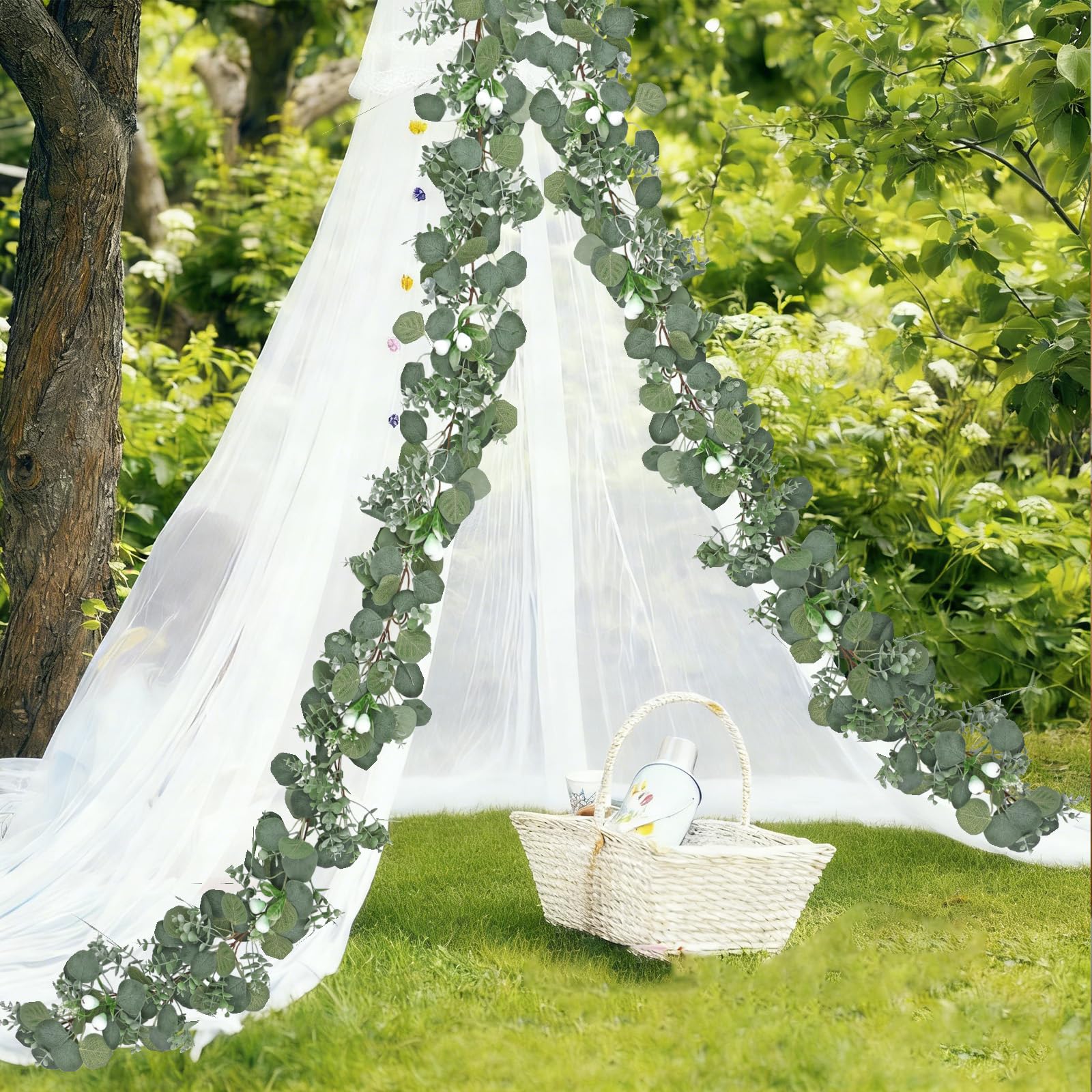 DEMIUKO Künstliche Eukalyptus-Girlande, 1,5 m, grüne Girlande mit silbernen Dollarblättern, grünen Beeren, künstliche immergrüne Girlanden für Hochzeitsbogen, Tischläufer, Hintergrund, drinnen und