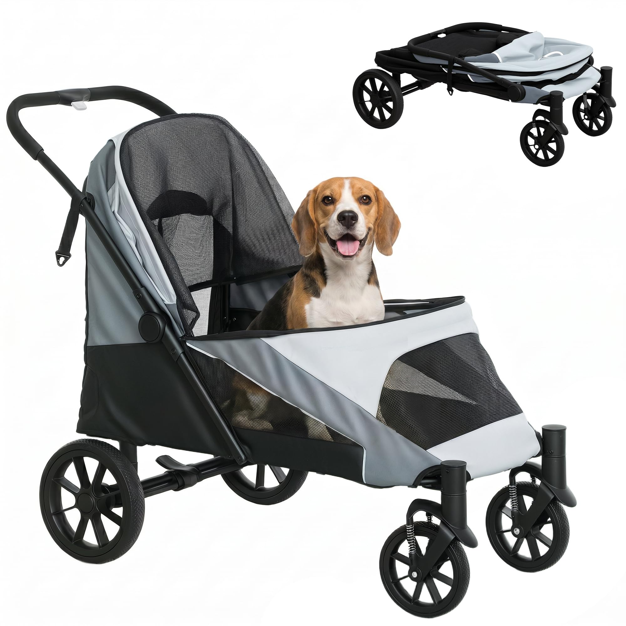 PawHut Carrito para Perros Plegable, Cochecito para Perros Grandes hasta 25 kg con Ruedas Grandes, Correas de Seguridad, Amortiguador, Cojín Lavable, Marco de Acero, Freno, 124x67x100 cm, Gris