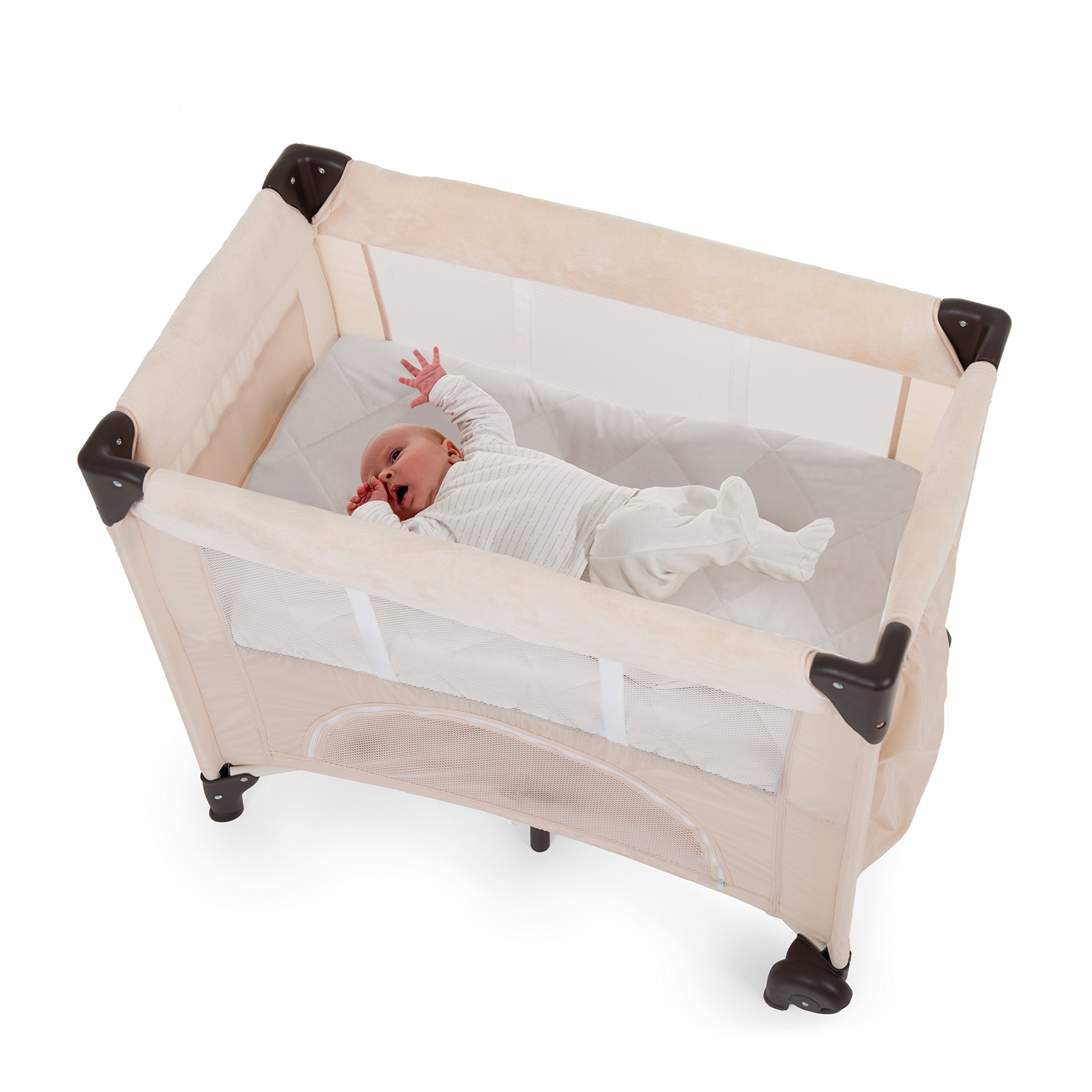 Hauck Bed Me prześcieradło ochronne na materac 80 x 50 cm, z elastycznymi narożnikami, miękkie prześcieradło z gumką do łóżeczka podróżnego – beżowe
