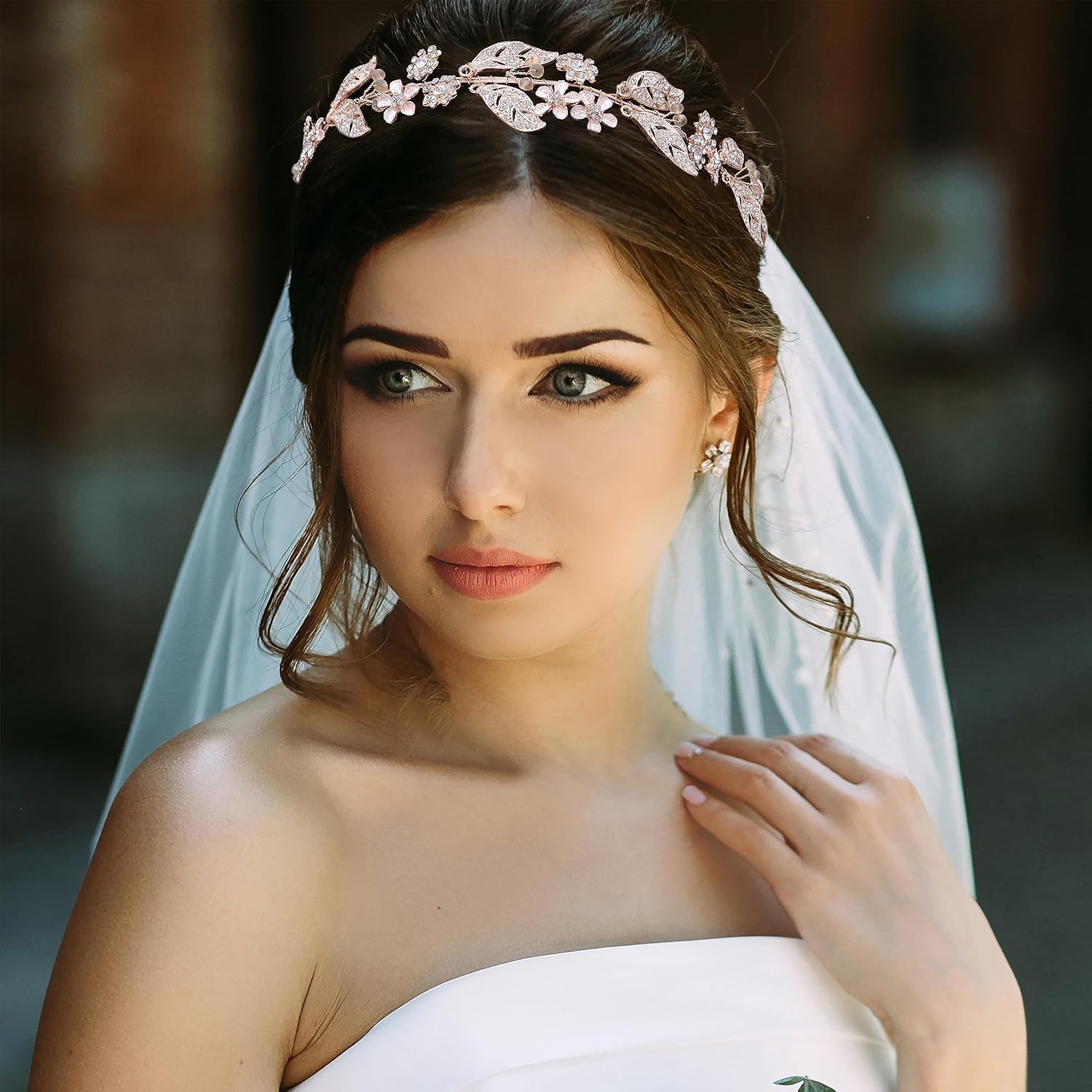 Rose Gold Wedding Headband Flower Leaves Design Hair Vine Bridal Headpiece Wedding Hair Accessories (Rose Gold)
