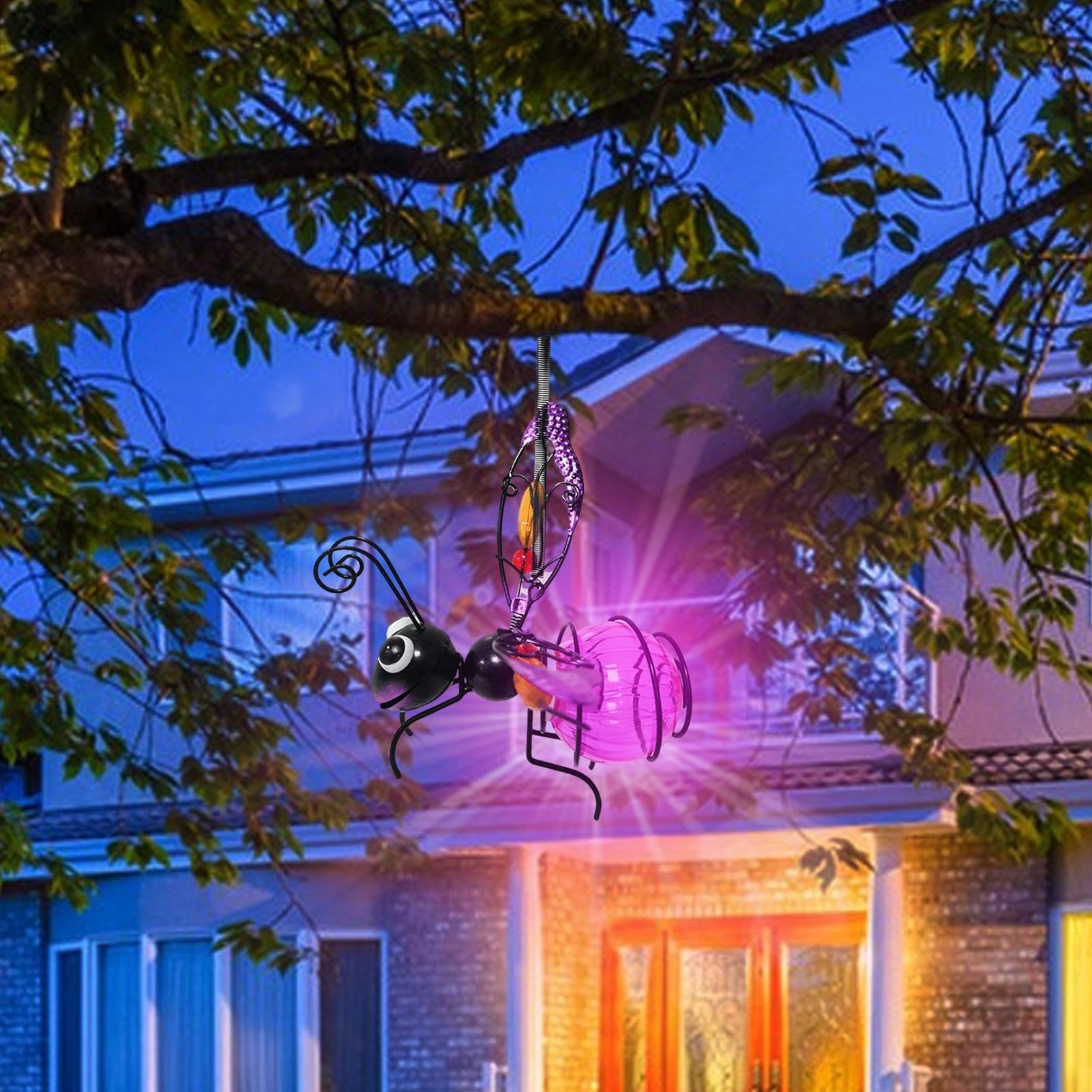 Luces solares de mariposa, lámparas solares colgantes de abeja voladora, mariposa decorativa de metal, decoraciones de patio al aire libre, para patio, porche, iluminación de jardín, (dorado/azul