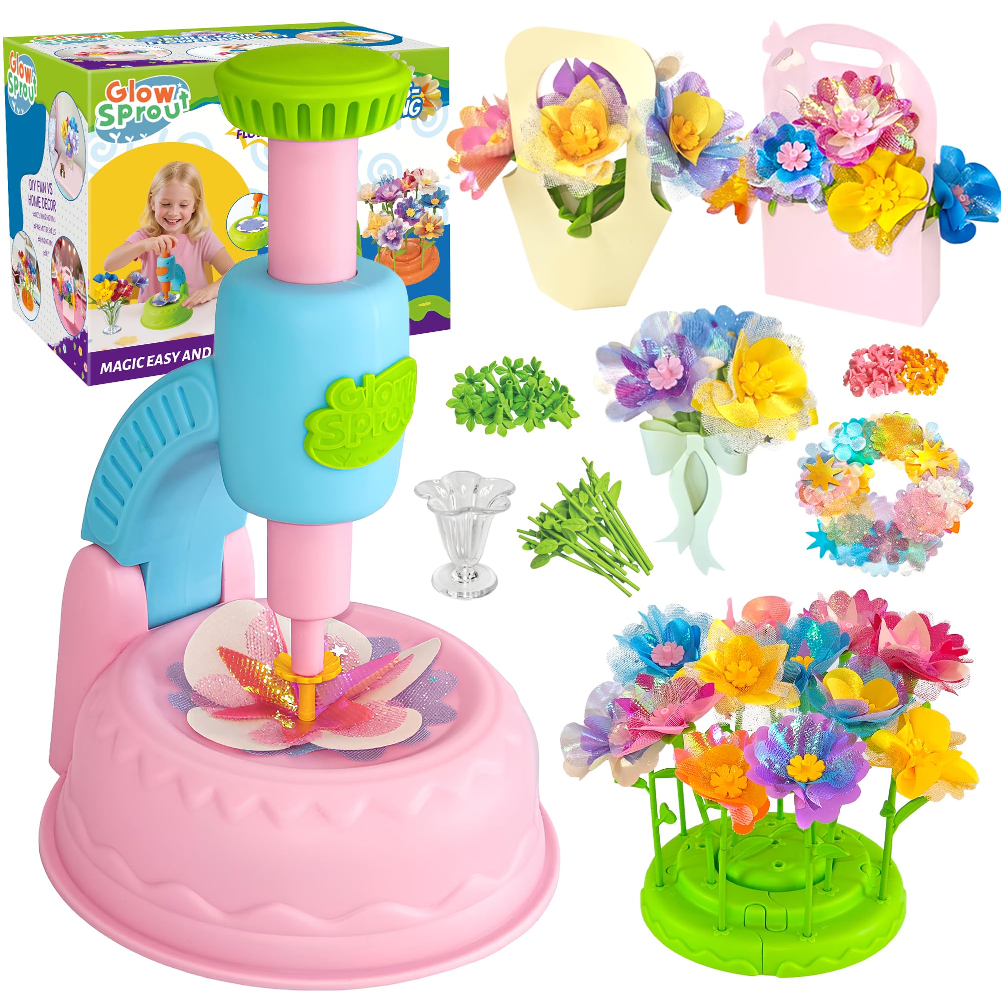 Glowsprout DIY Blumenbastelset für Kinder von 3 bis 12 Jahren - Zubehör schöne Stoffblumensträuße basteln & Mit Blumenpresse (Rosa)
