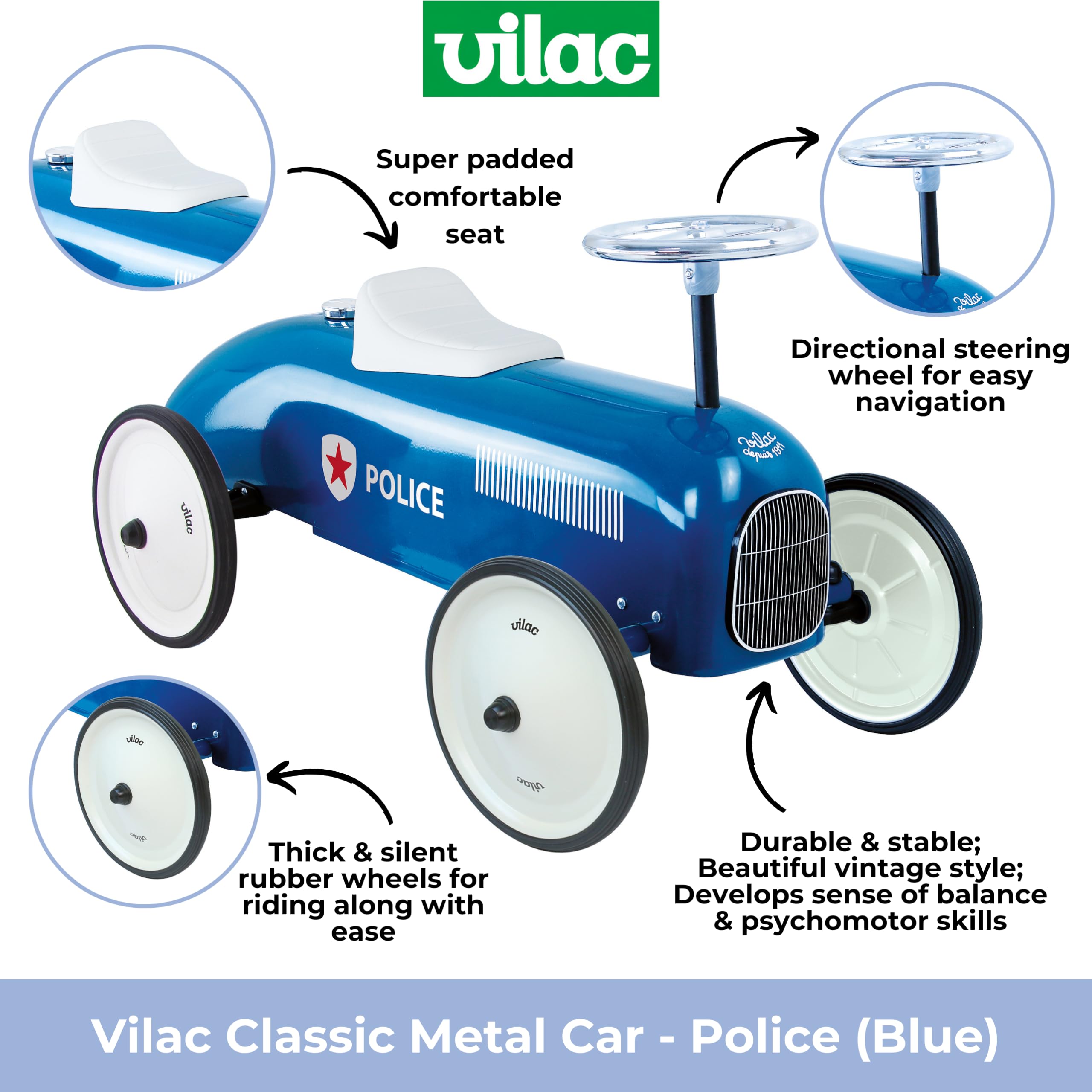 Vilac - Vintage Polizei Autoträger – Spielzeug aus Metall – leise Räder – Lenkrad – Dekoration – Blau – für Kinder ab 18 Monaten